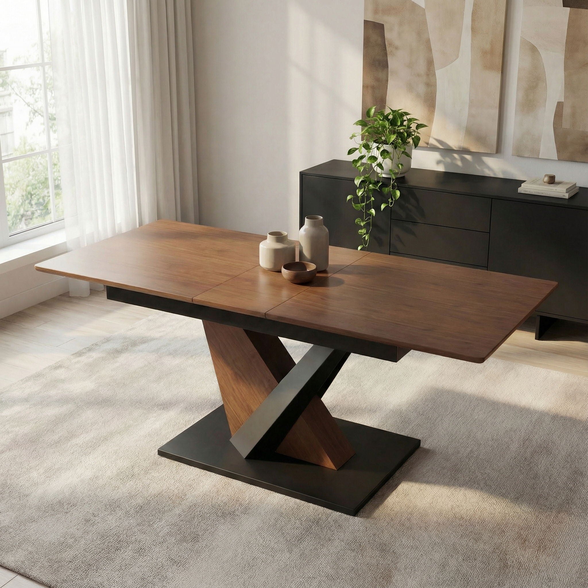 Dining Table, Scratch Resistant, Cross Geometric Legs For Kitchen & Dining Room - Dark Walnut