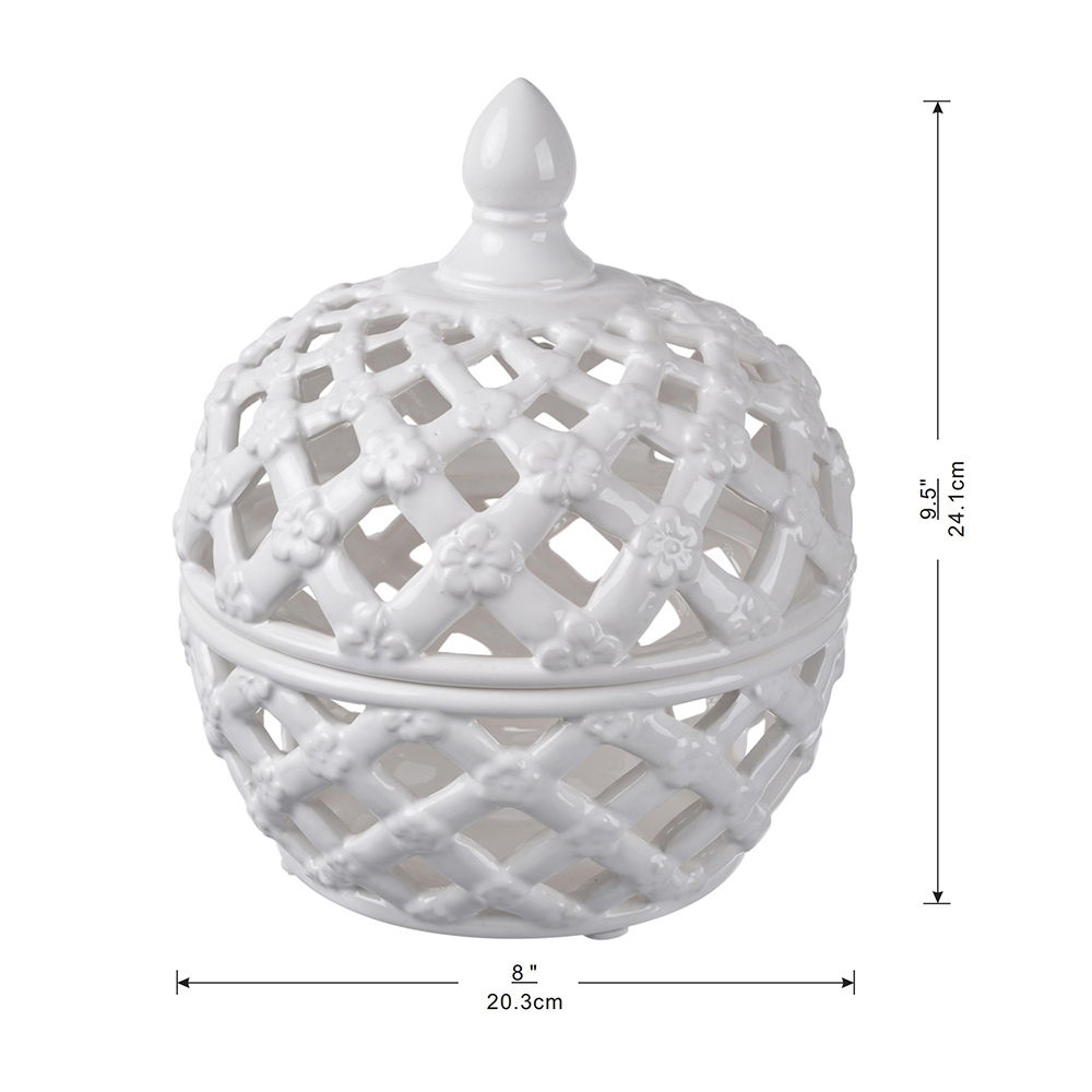 Ceramic Lidded Jar With Lattice Design - White - Best Buy Furniture