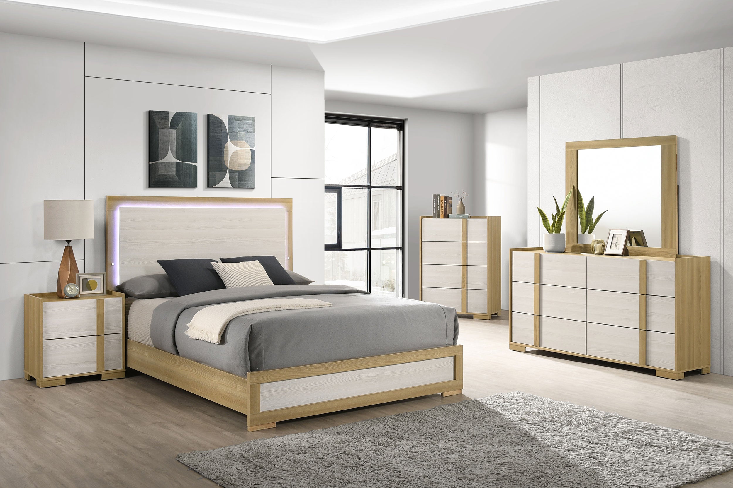 Hyland Wood Queen LED Panel Bed Natural and White-