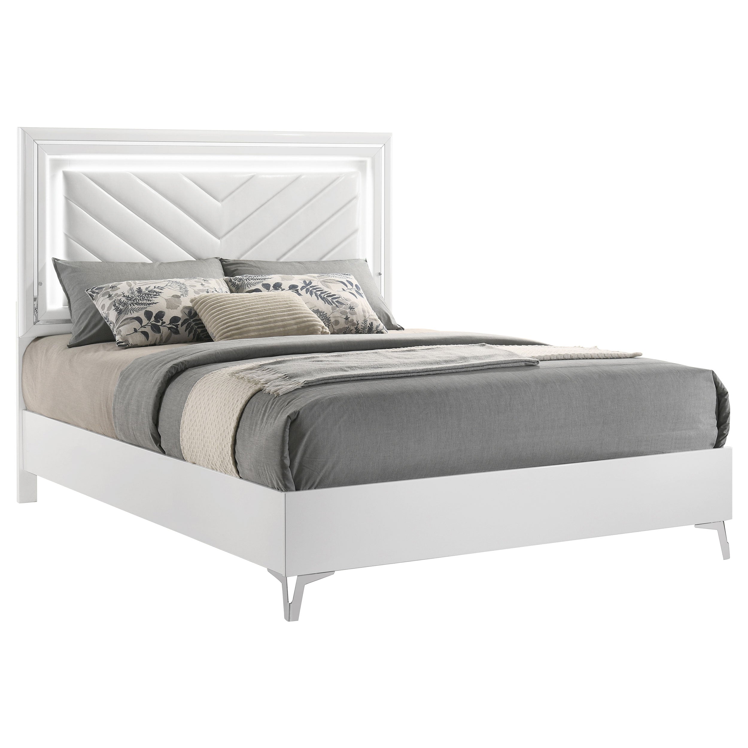 Cassia Queen LED Panel Bed White High Gloss-
