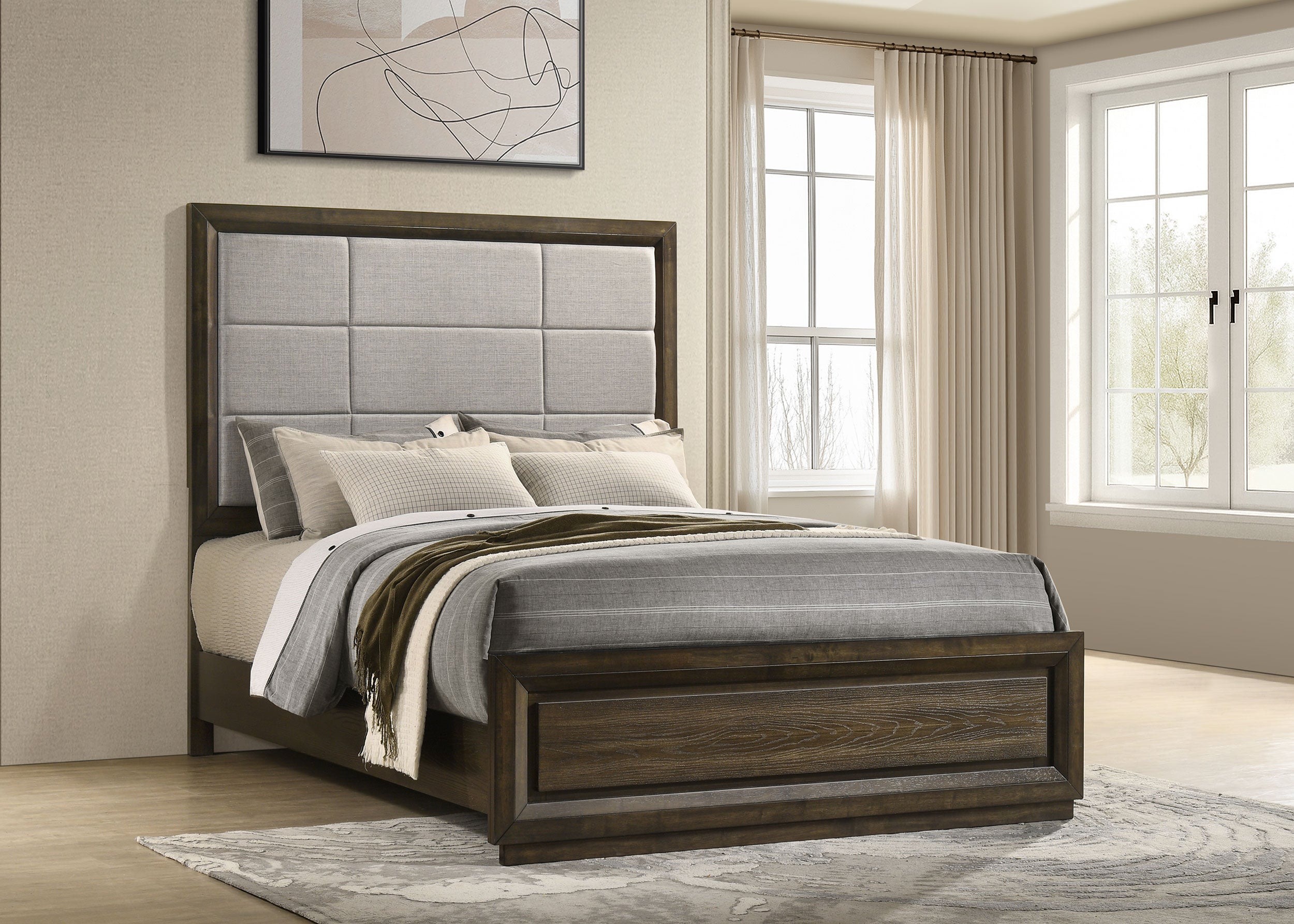 Atlas 63-inch Queen Upholstered Panel Bed Grey and Dark Oak-
