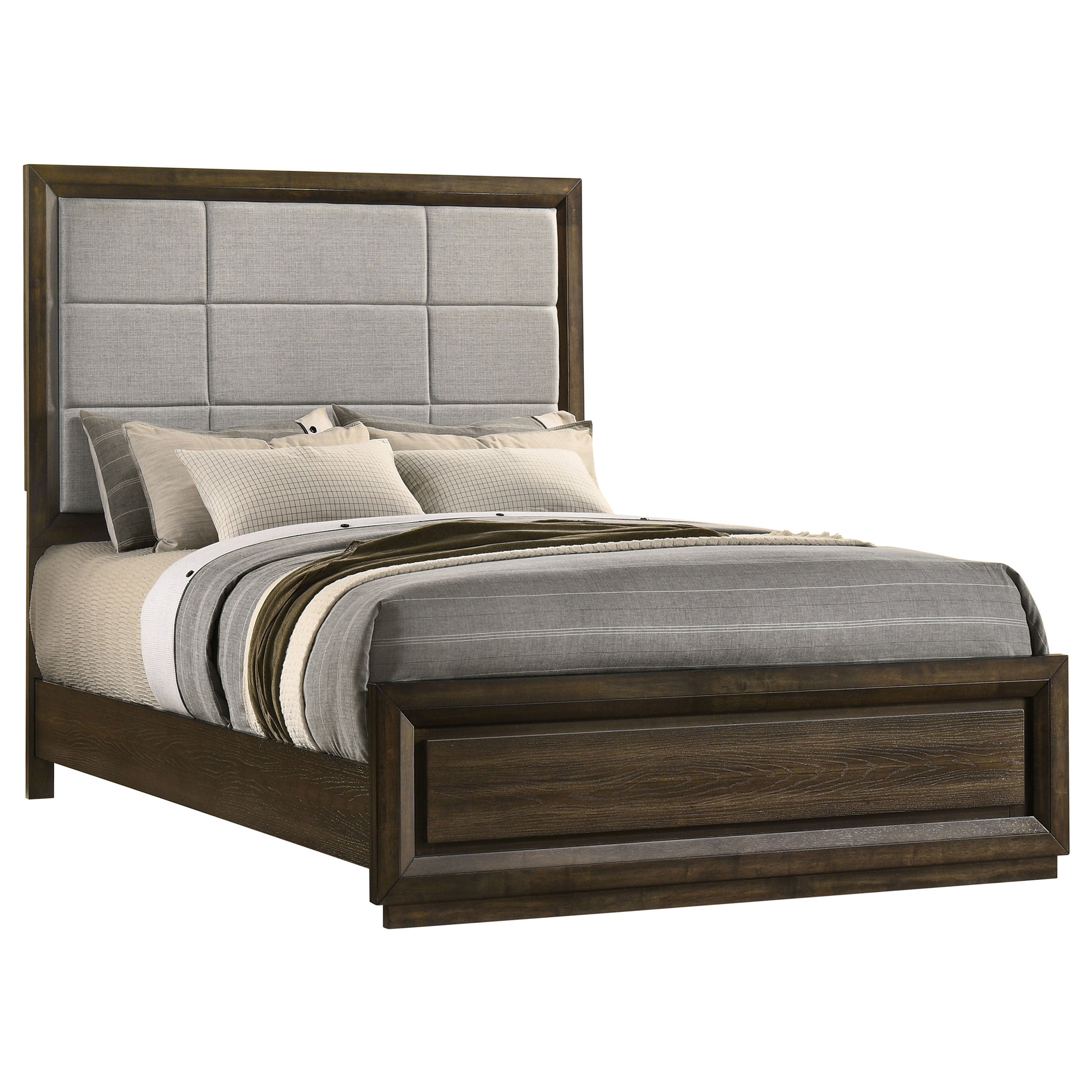 Atlas 63-inch Queen Upholstered Panel Bed Grey and Dark Oak-