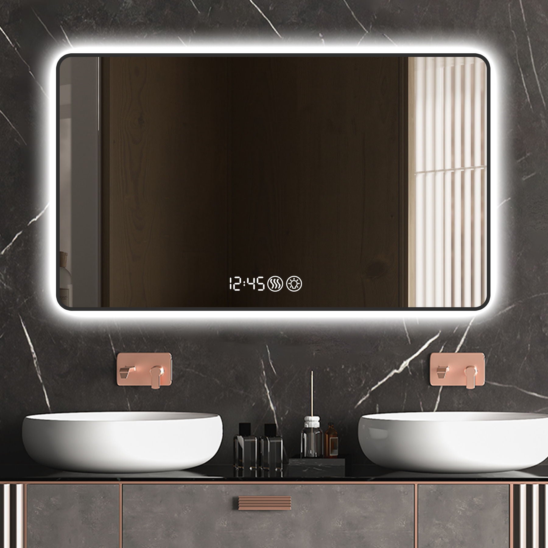 Wall Mirror With Rounded Corners, Temperature Display, Tri-Color Light, Defogging
