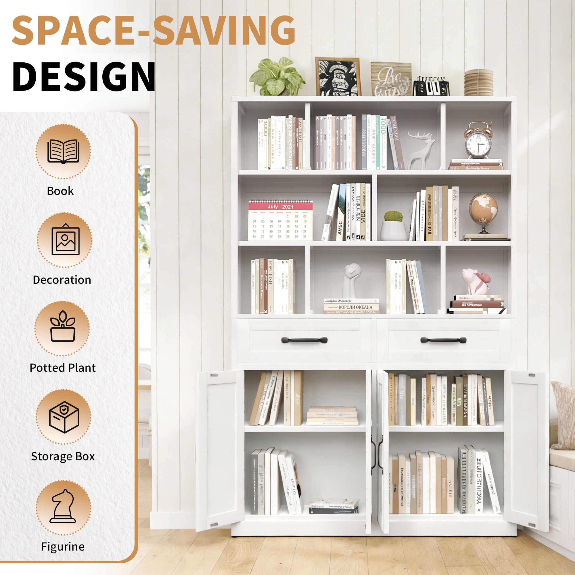 Bookcase Tall With 2 Doors & 2 Drawers, Fixed Open Shelves - White
