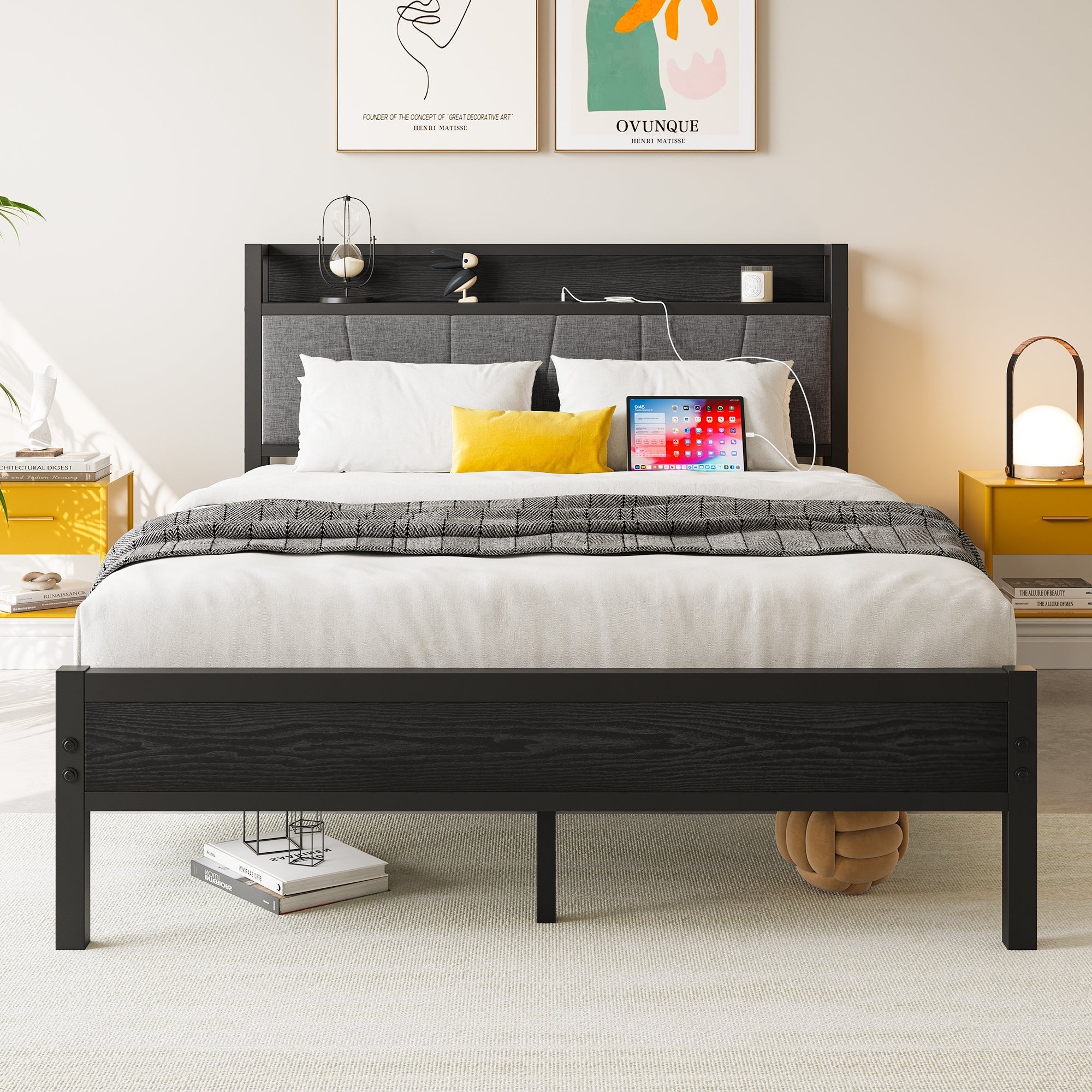 Full Size Bed Frame Storage Headboard with Charging Station