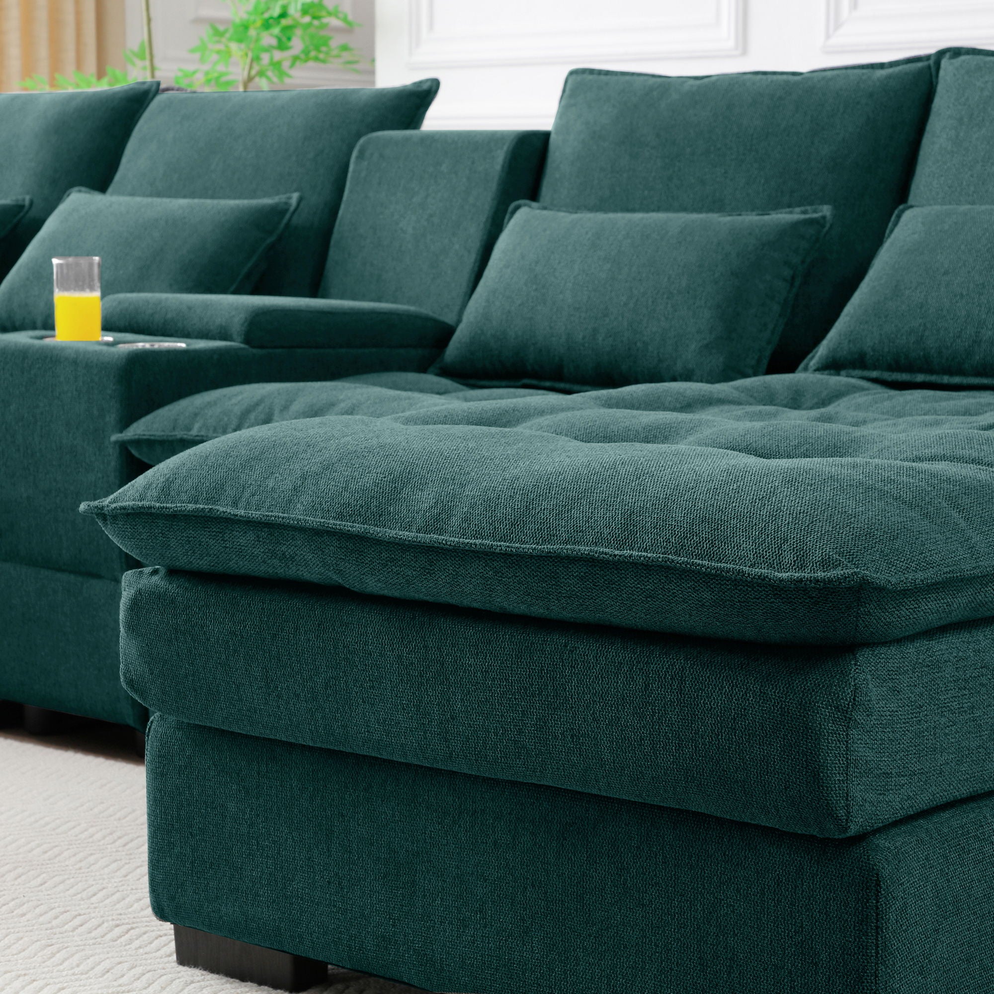 Contemporary U Shaped Sofa With Console And Cupholders