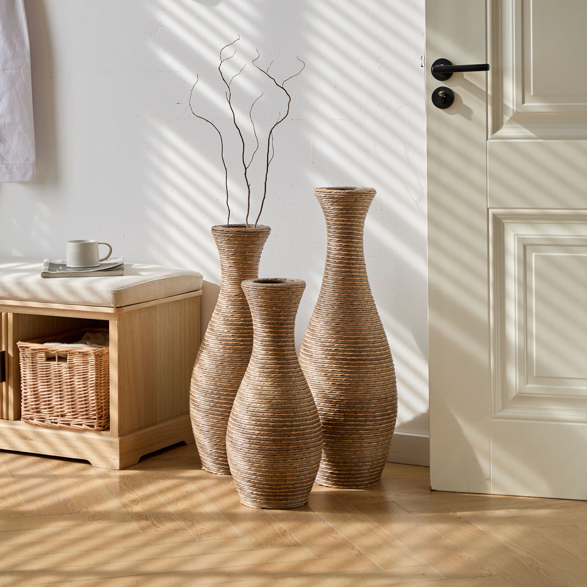 3 Piece Artificial Rattan Floor Vase Set Decorative Accent For Living Room, Hallway & Entryway, Ideal For Dried Or Silk Flower Arrangements - Beige