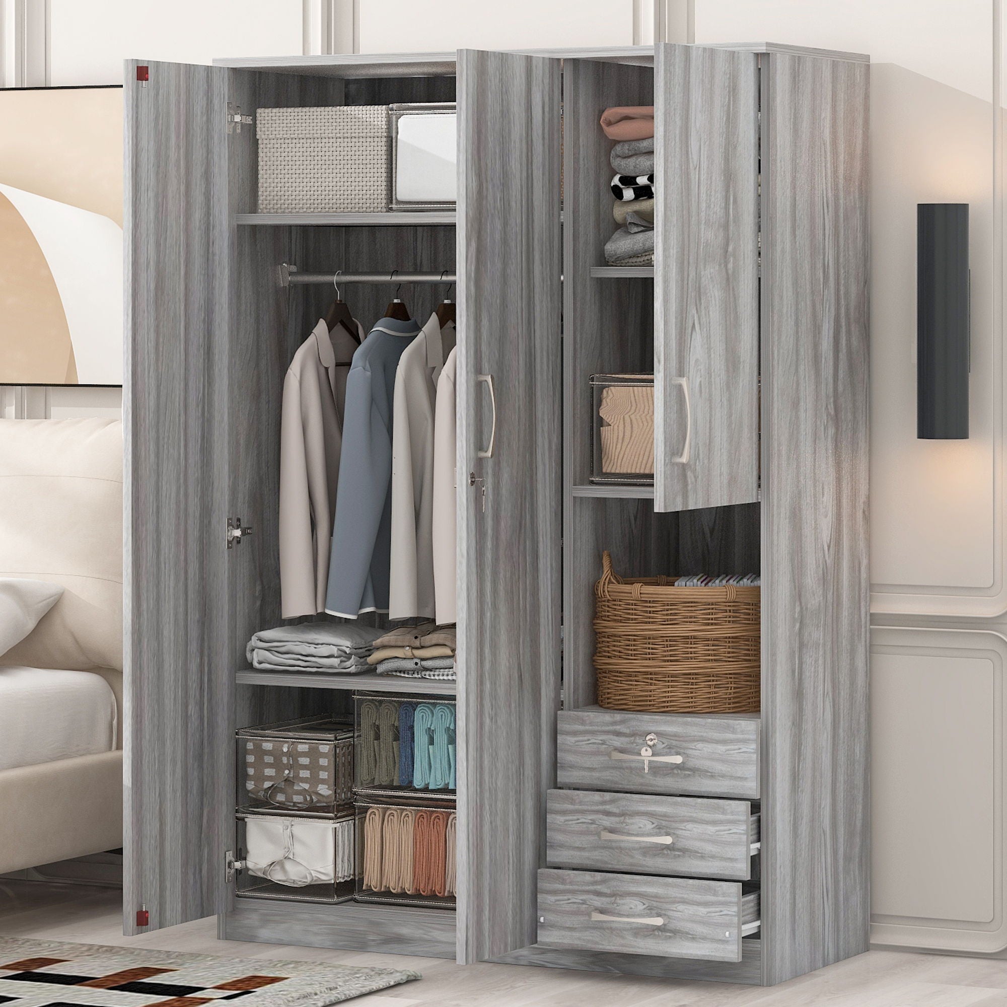 2 Doors Wardrobe Storage For Bedroom With Shelves And 3 Drawers