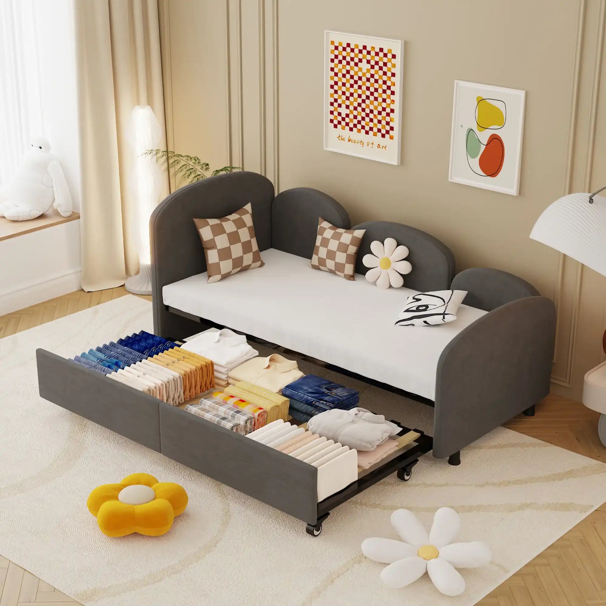Twin Size Velvet Upholstered Daybed Frame, Modern Sofa Bed, Ddry Gray