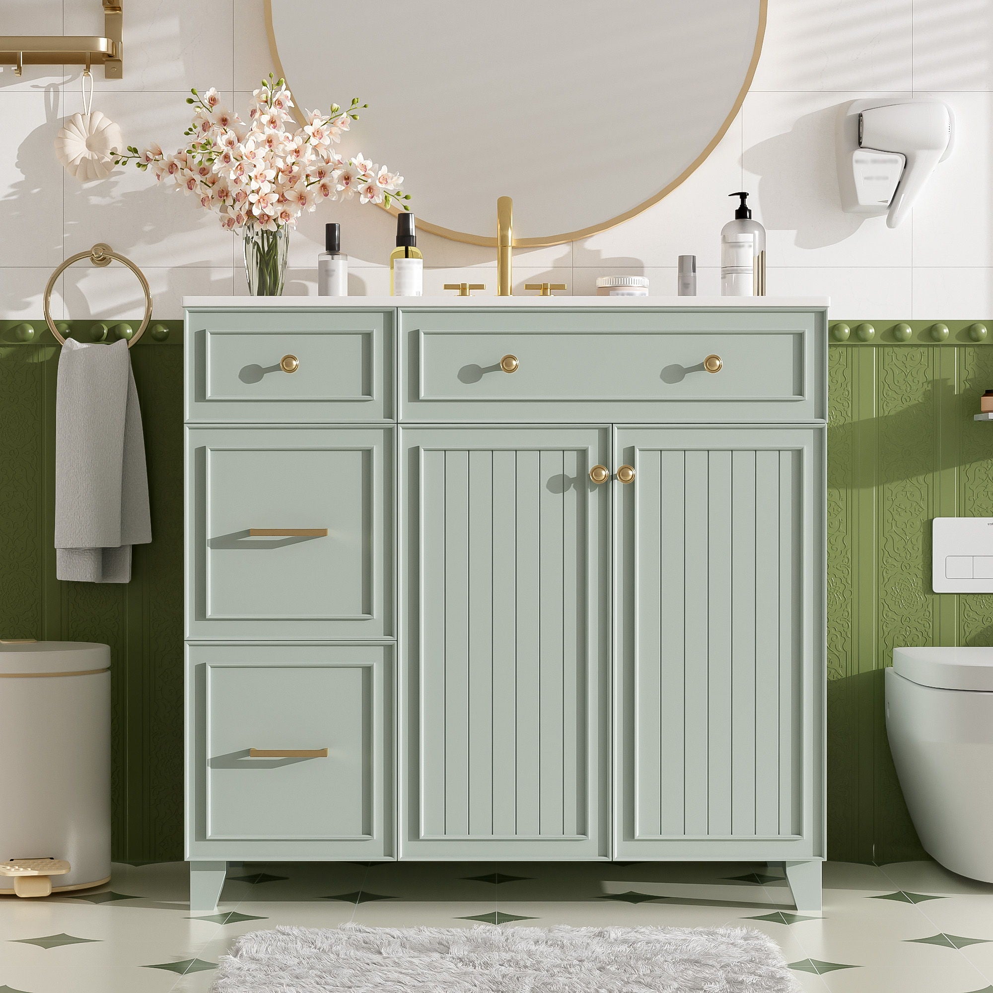 36" Bathroom Vanity With Sink, Soft Close Doors, Adjustable Shelves - Green