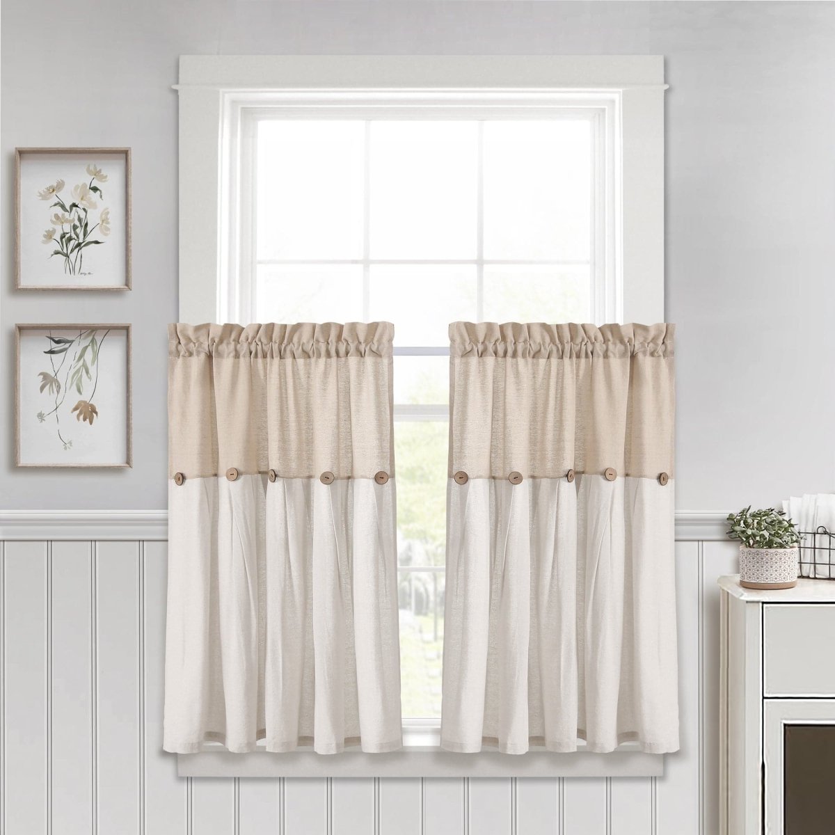 Linen Button Kitchen Window Tiers Set
