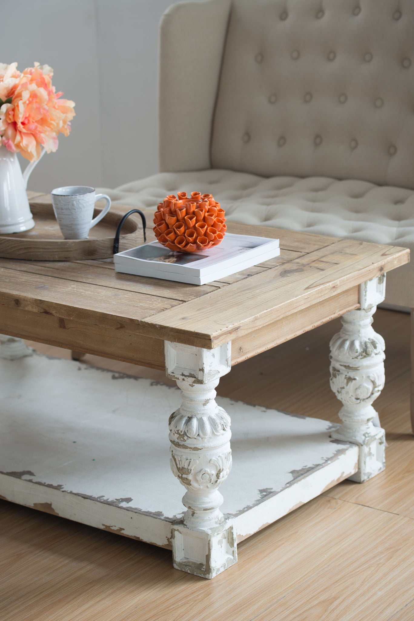 Rectangle Coffee Wooden Coffee Table, French Country Coffee Table - Brown / Antique White - Best Buy Furniture