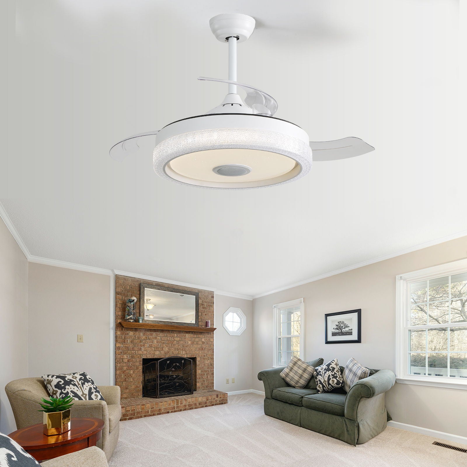 Invisible Ceiling Fan With Remote Control And 36W LED Light, 120V DC Motor, 3 Blades - White
