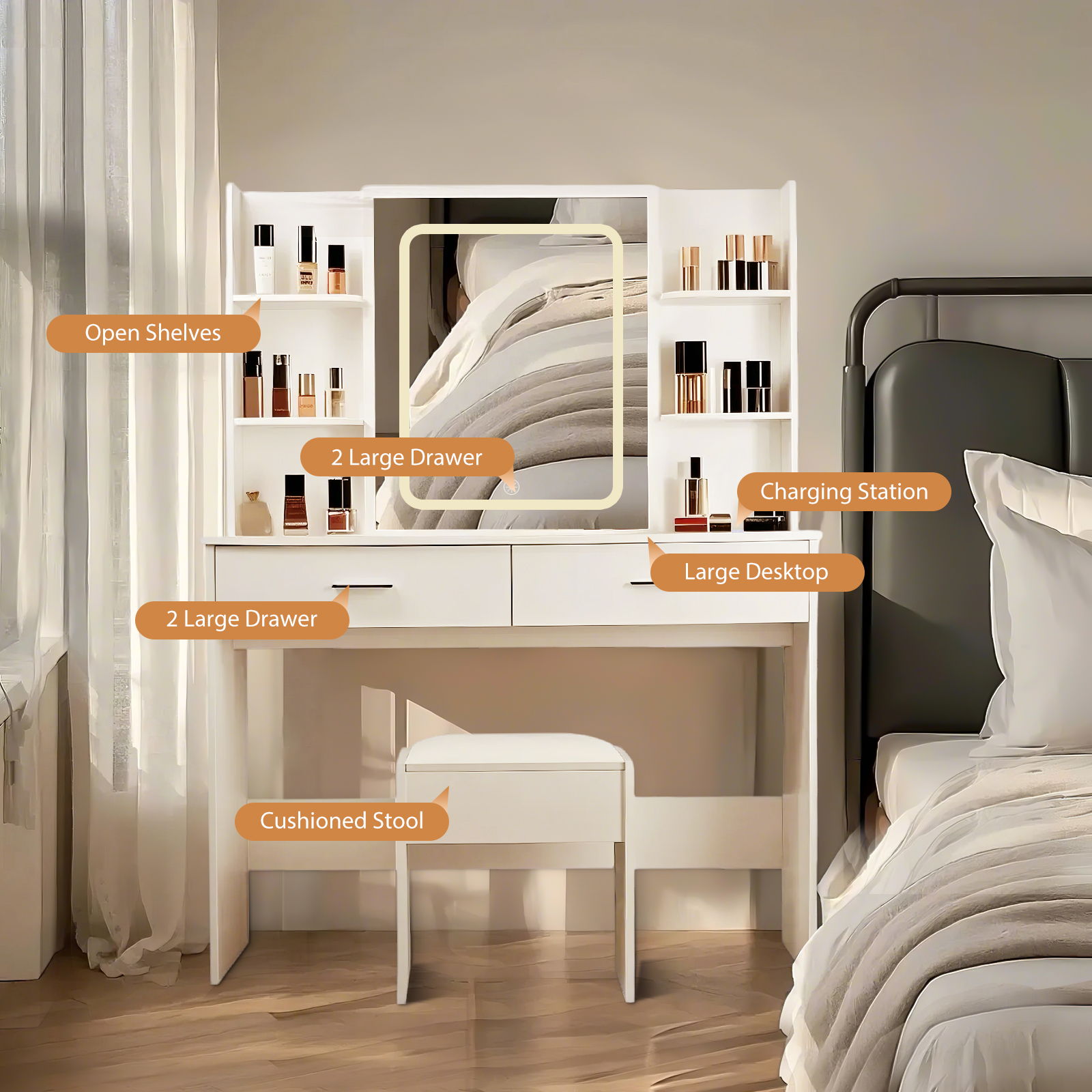 Vanity Desk With Mirror And LED Lights 3 Lighting Modes And Power Outlet 2 Spacious Drawers And Stool - White - Best Buy Furniture