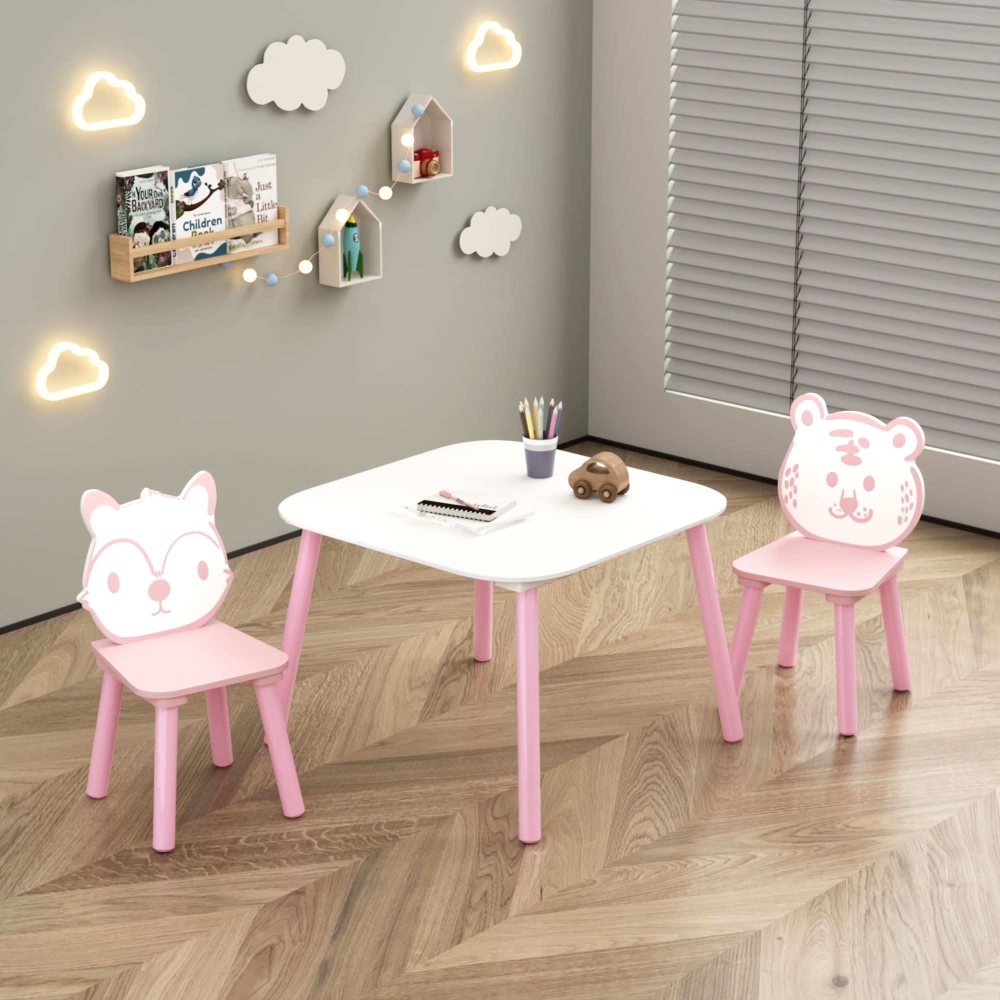 Table And Chair Set, 3 Piece Wooden Toddler Desk With Animal Backrest - Pink / White