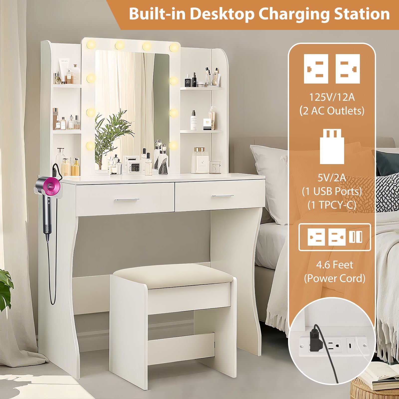 Vanity Desk Set With Mirror & Adjustable Lights Power Outlet And Hair Dryer Rack 2 Drawers And 6 Shelves Includes Cushioned Stool - White - Best Buy Furniture