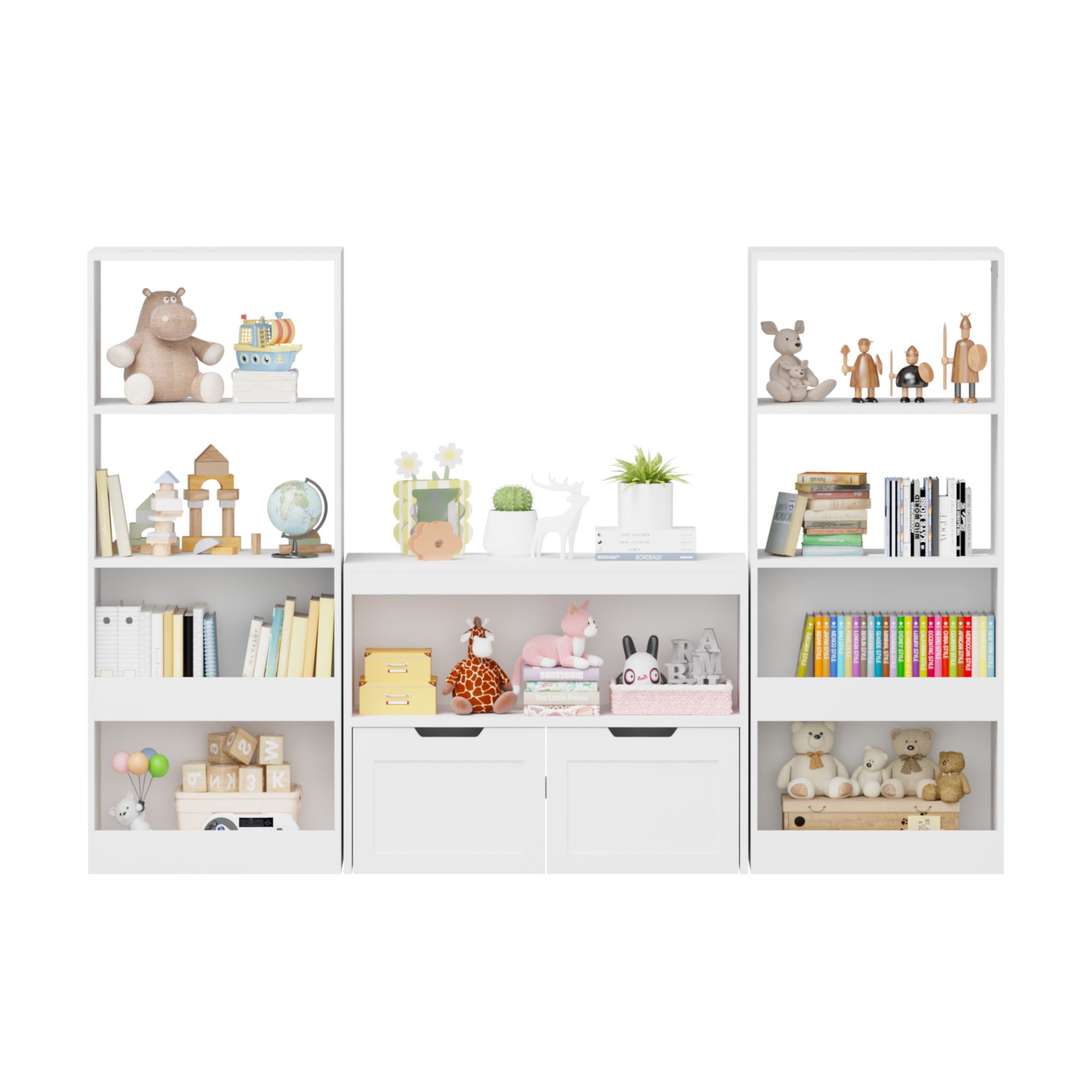Book Organizer With Large Drawers And Open Shelves, Toy Storage Cabinet With Removable Wheels And Rounded Edges - White