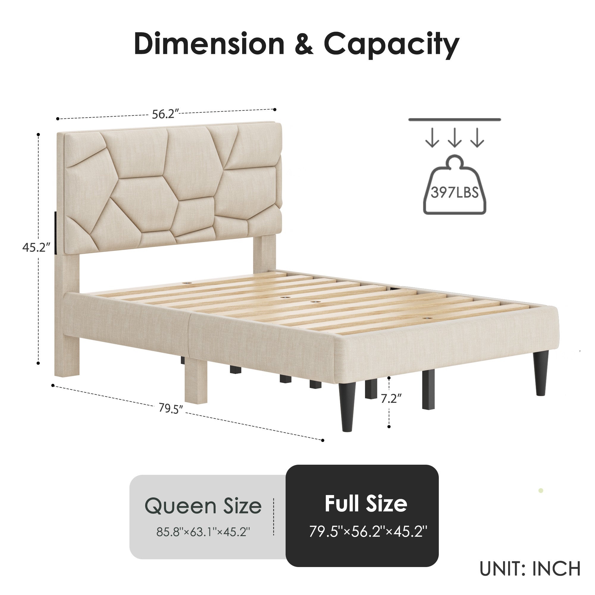 Beige Linen Full Bed Frame – Sturdy Platform Bed With Storage