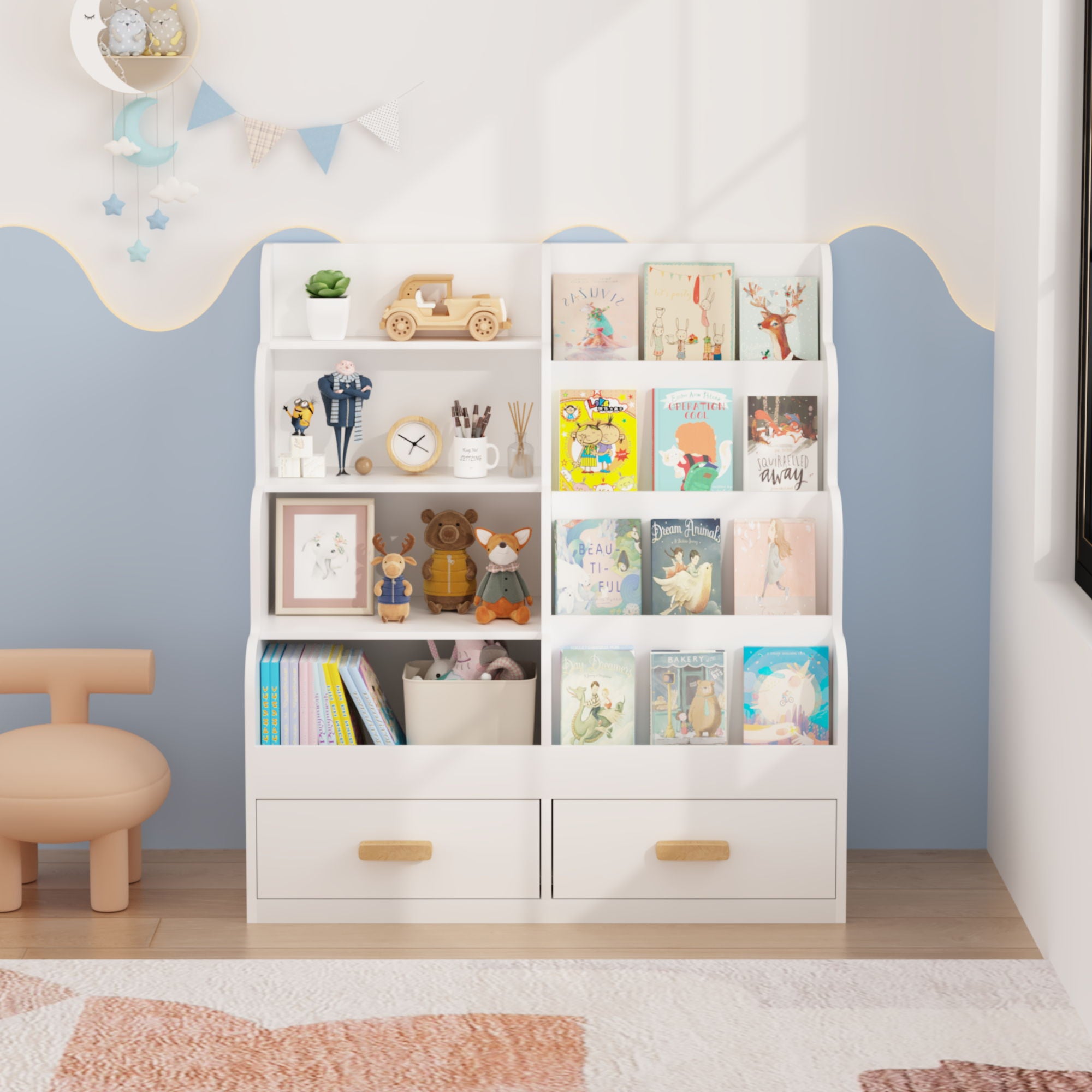 Bookshelf With 2 Storage Drawers, Front Facing Bookcase And Toy Organizer, Multi Tier Reading Shelf - White