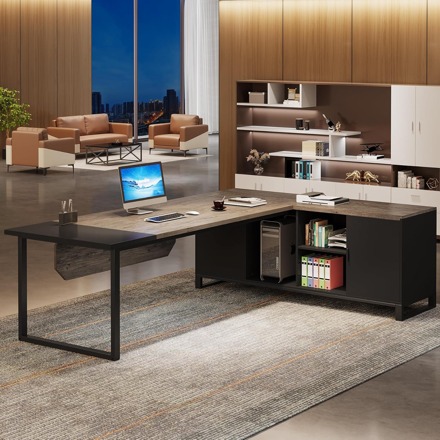 L-Shaped Executive Desk With File Cabinet, Computer Workstation With Storage