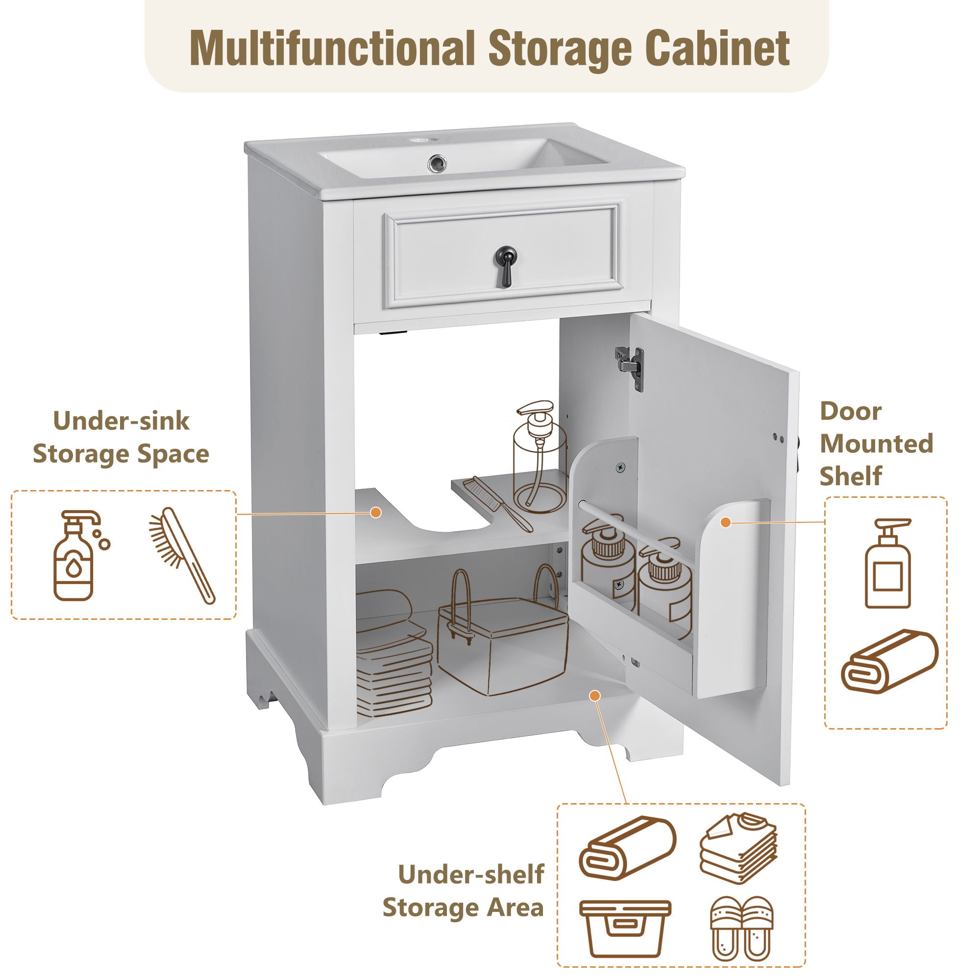 Elegant Bathroom Vanity With Ceramic Sink, Soft Close Door, Adjustable Shelf