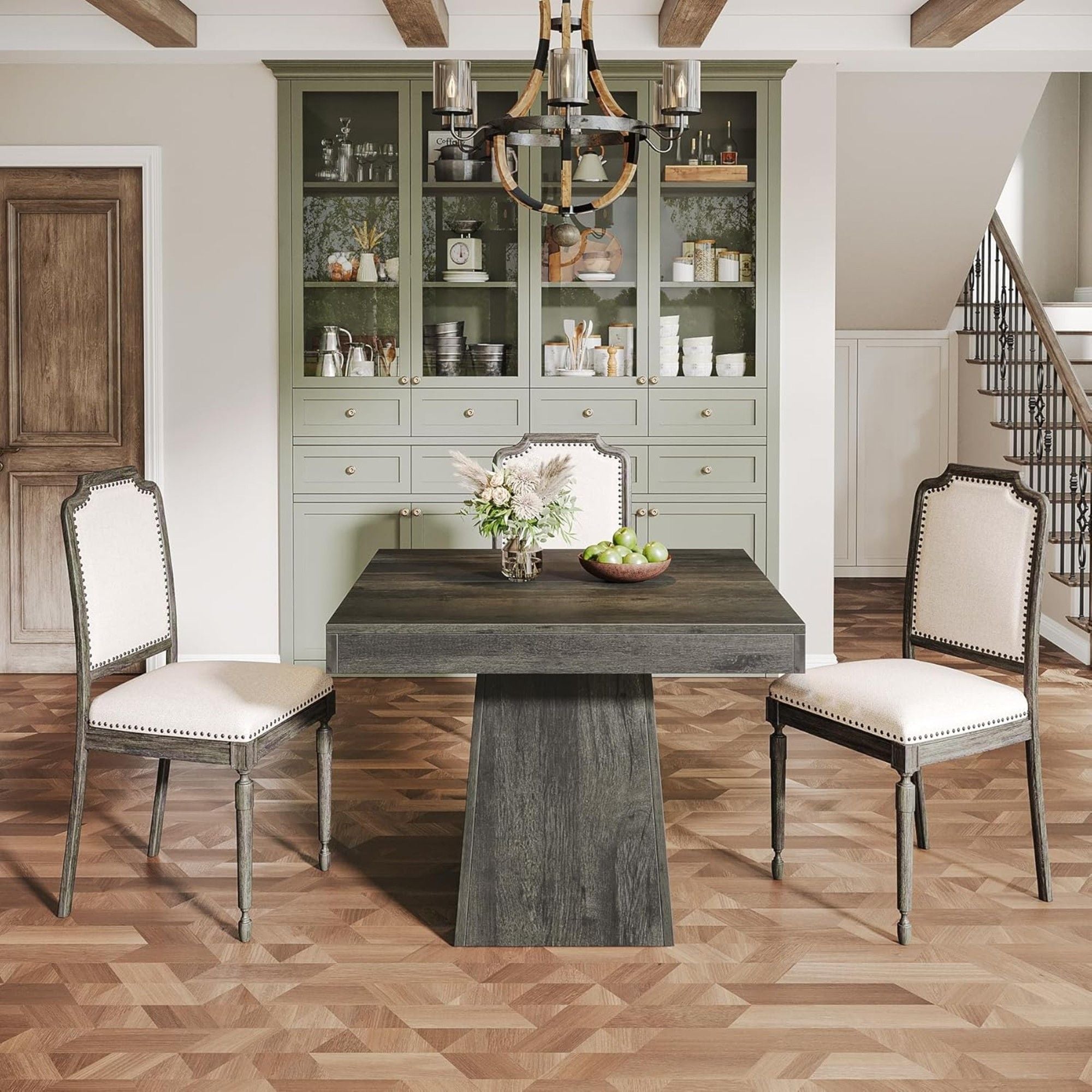 Square Dining Table For 4 With Thick Grain Top And Sturdy Pedestal Base - Gray