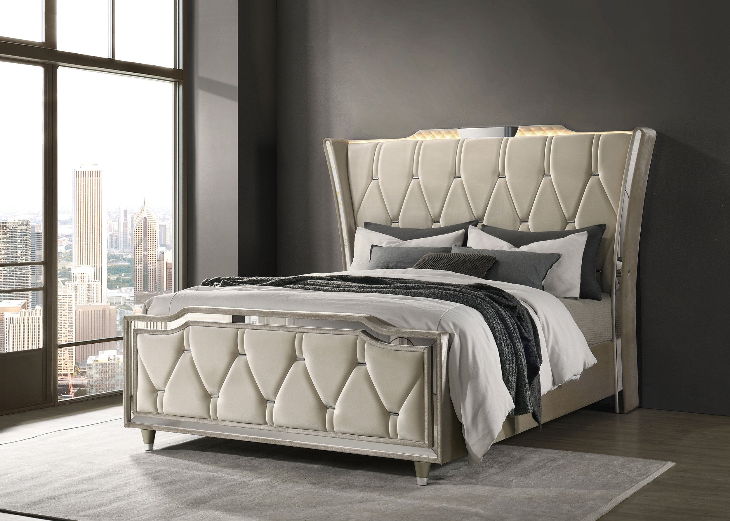 Lorient Queen LED Upholstered Wingback Bed Ivory and Camel-