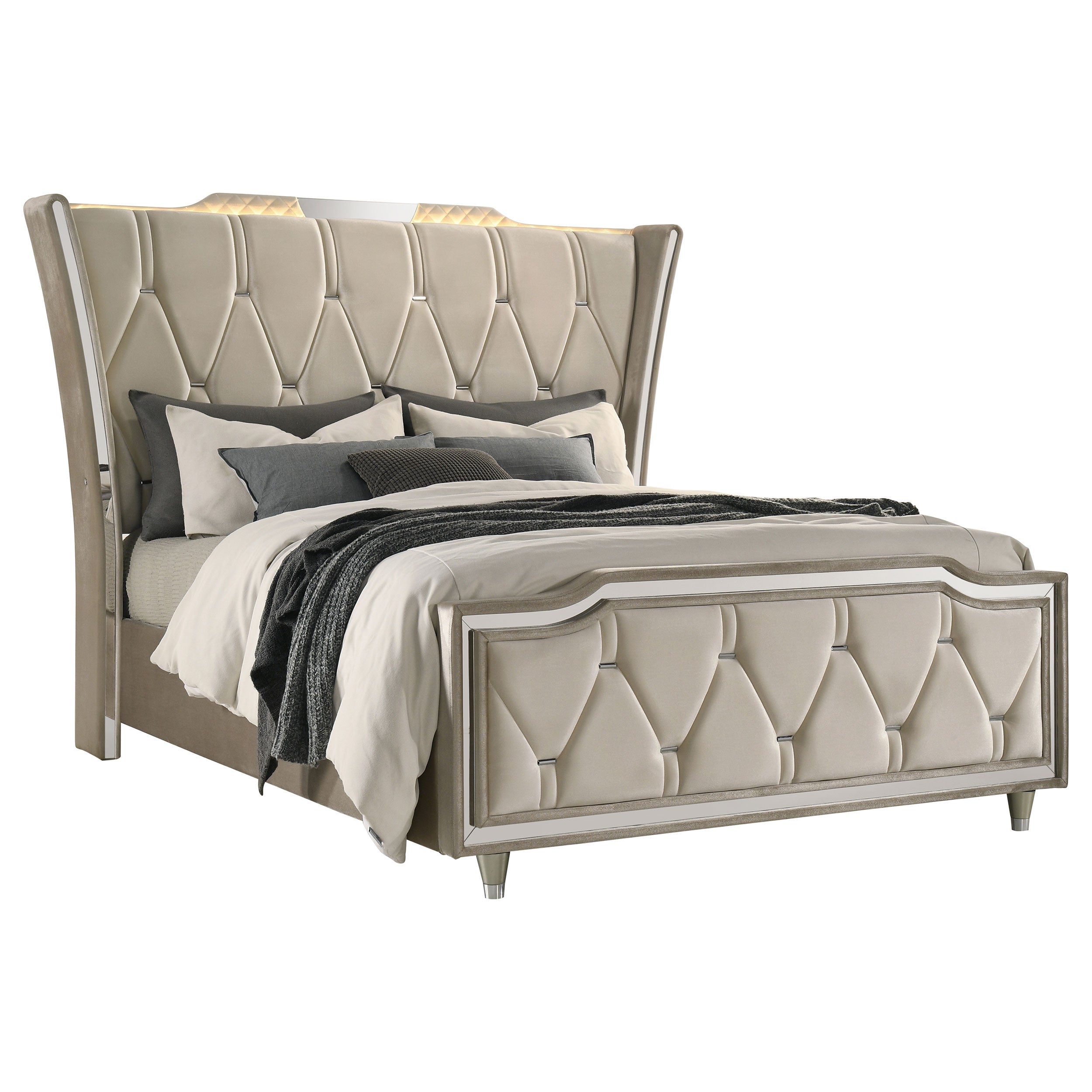Lorient Queen LED Upholstered Wingback Bed Ivory and Camel-