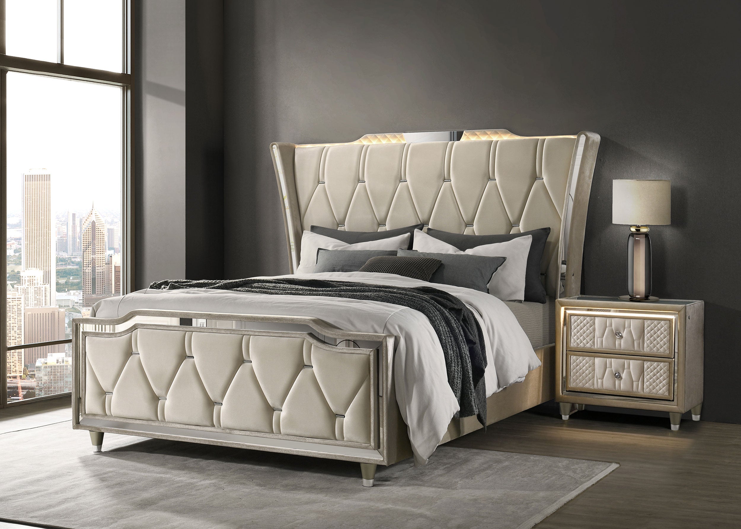 Lorient Queen LED Upholstered Wingback Bed Ivory and Camel-