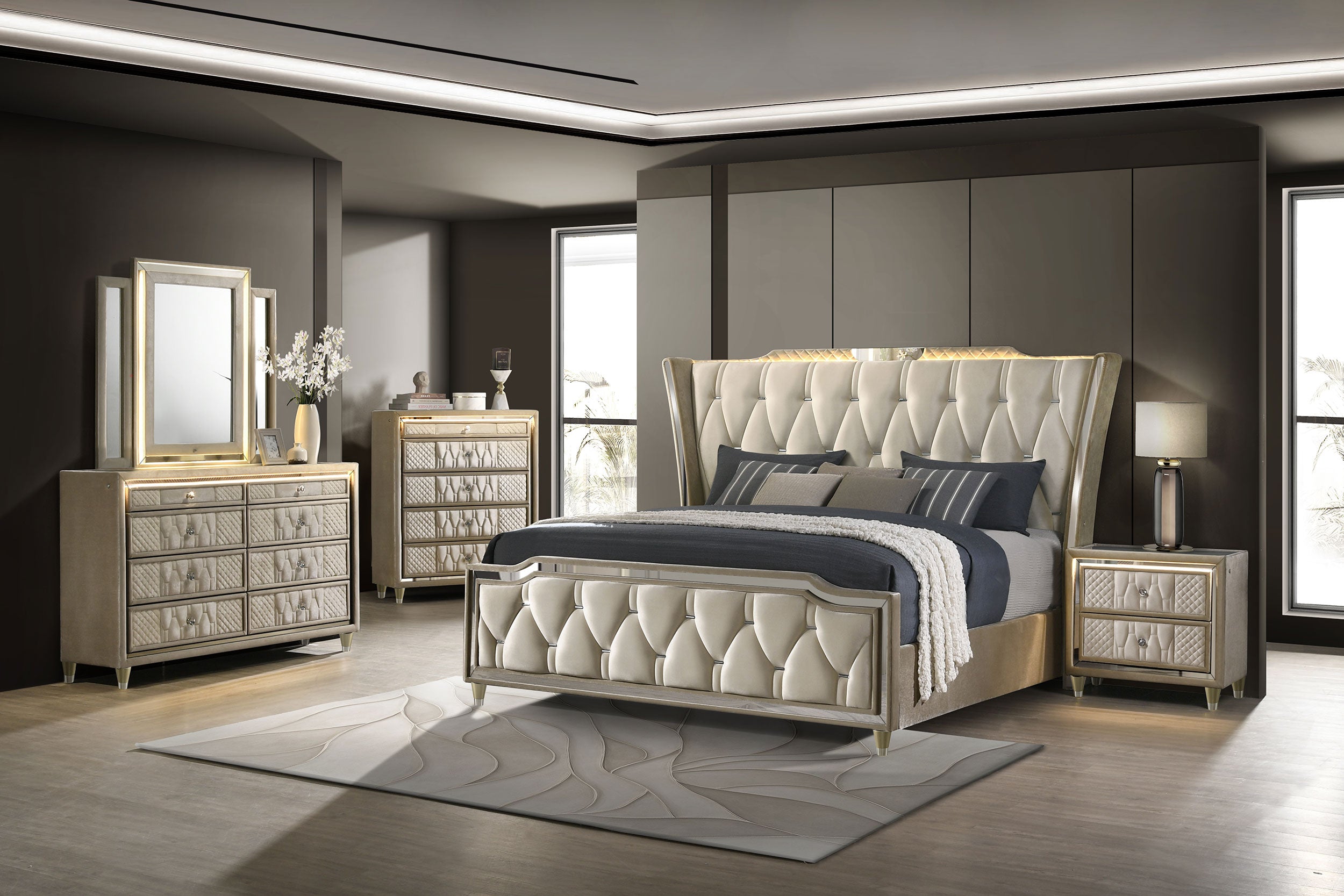 Lorient Queen LED Upholstered Wingback Bed Ivory and Camel-