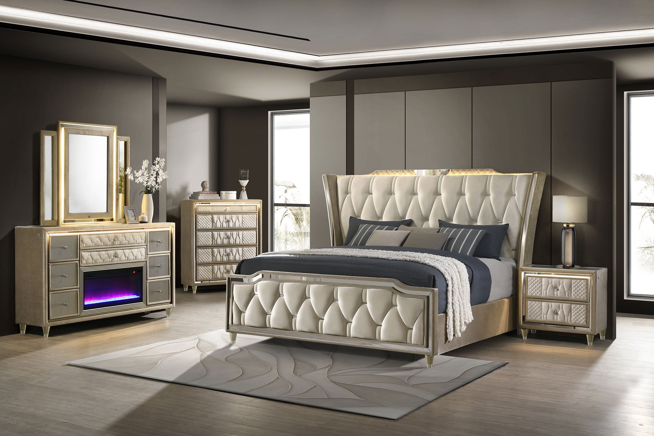 Lorient Queen LED Upholstered Wingback Bed Ivory and Camel-