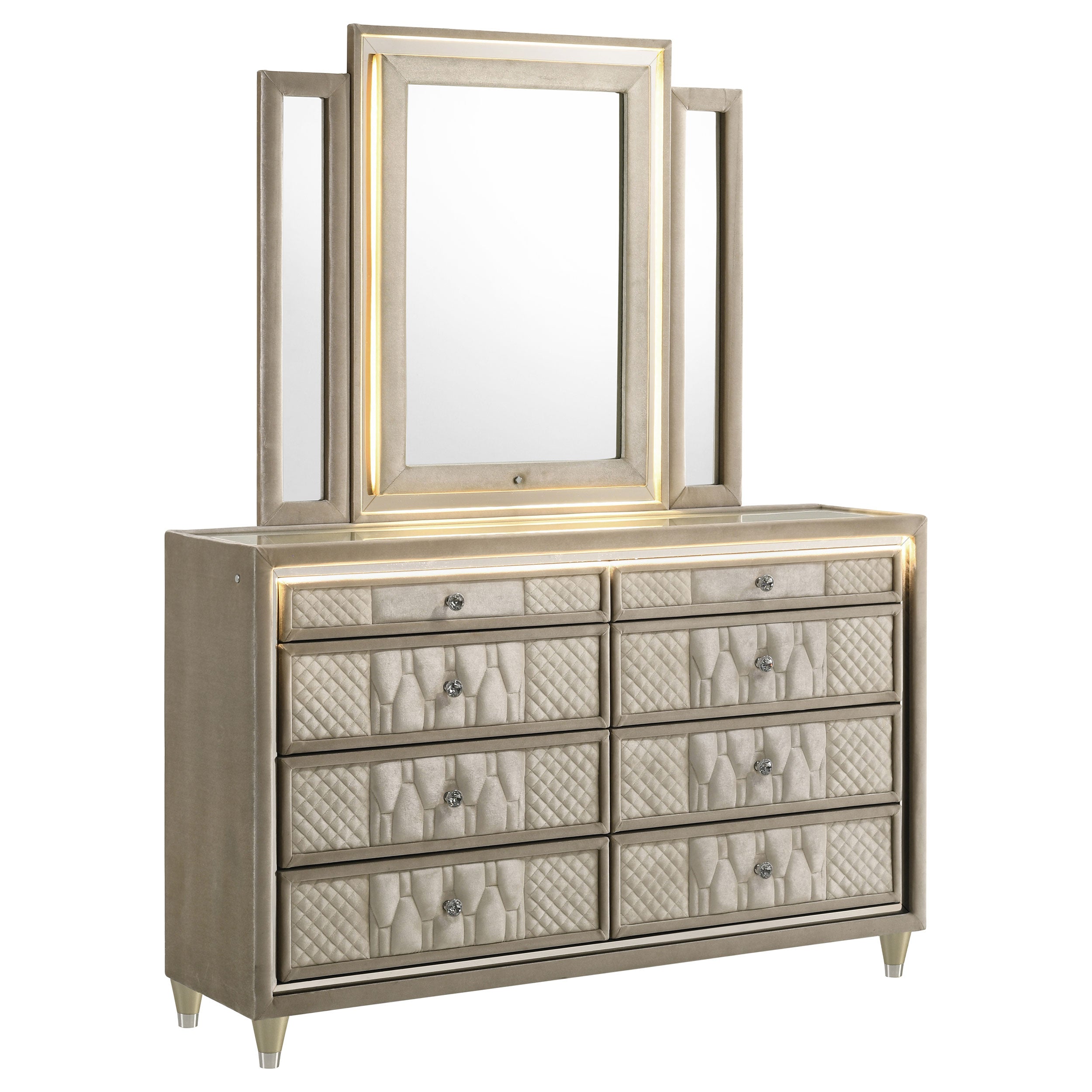 Lorient 8-drawer LED Dresser with Mirror Ivory and Camel-