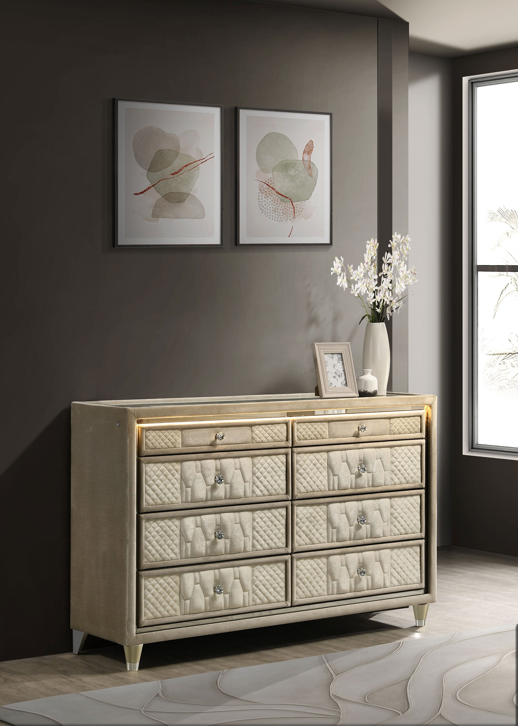 Lorient 8-drawer LED Bedroom Dresser Cabinet Ivory and Camel-