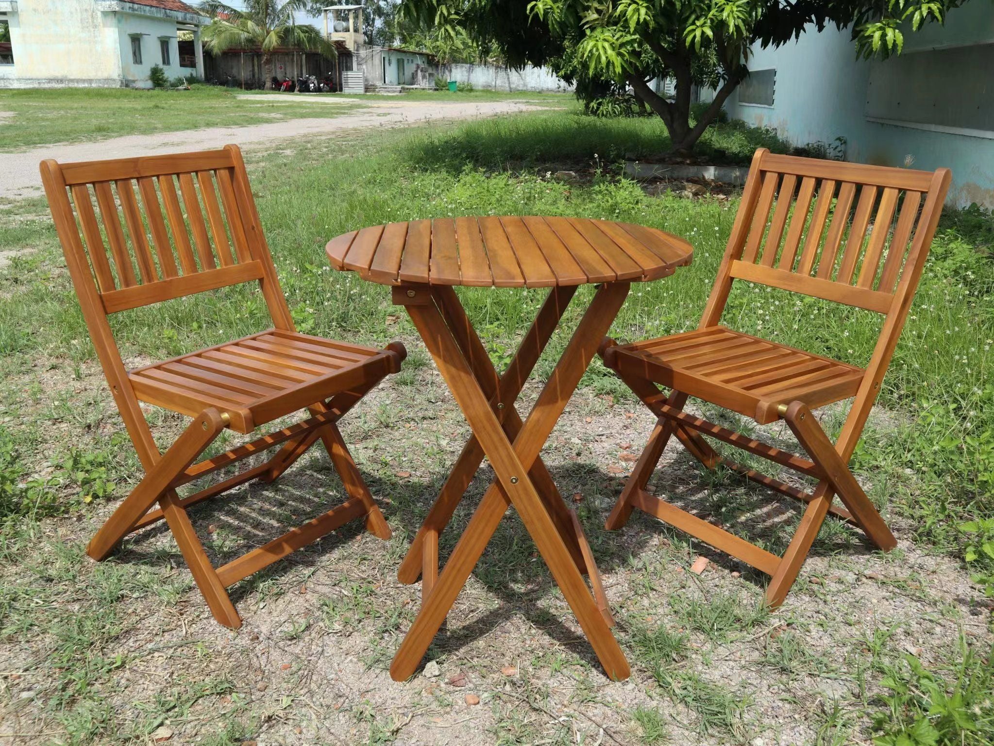 3 Piece Acacia Bistro Set, Folding Patio Furniture With 1 Coffee Table And 2 Foldable Chairs