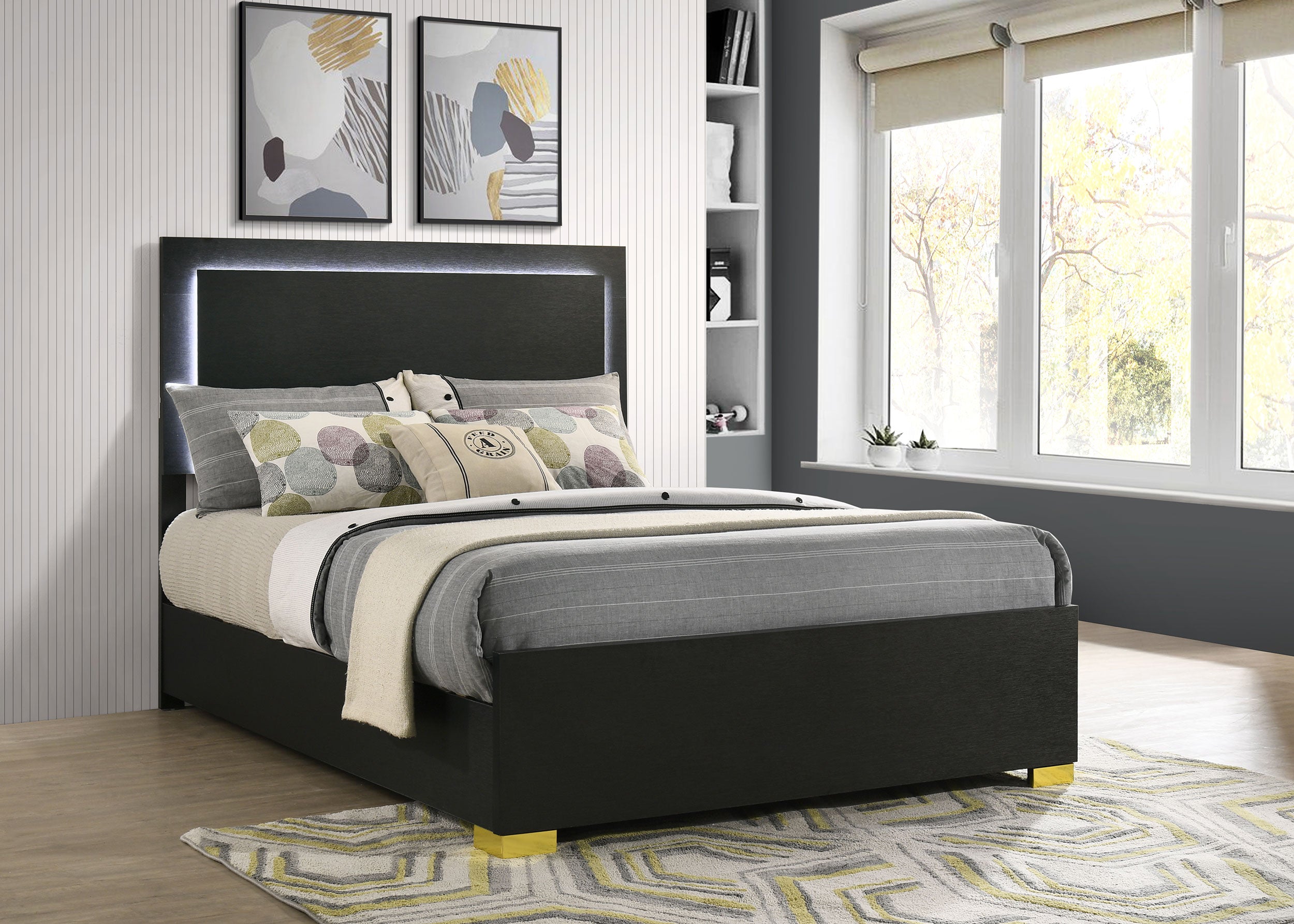 Marceline Wood Full LED Panel Bed Black-