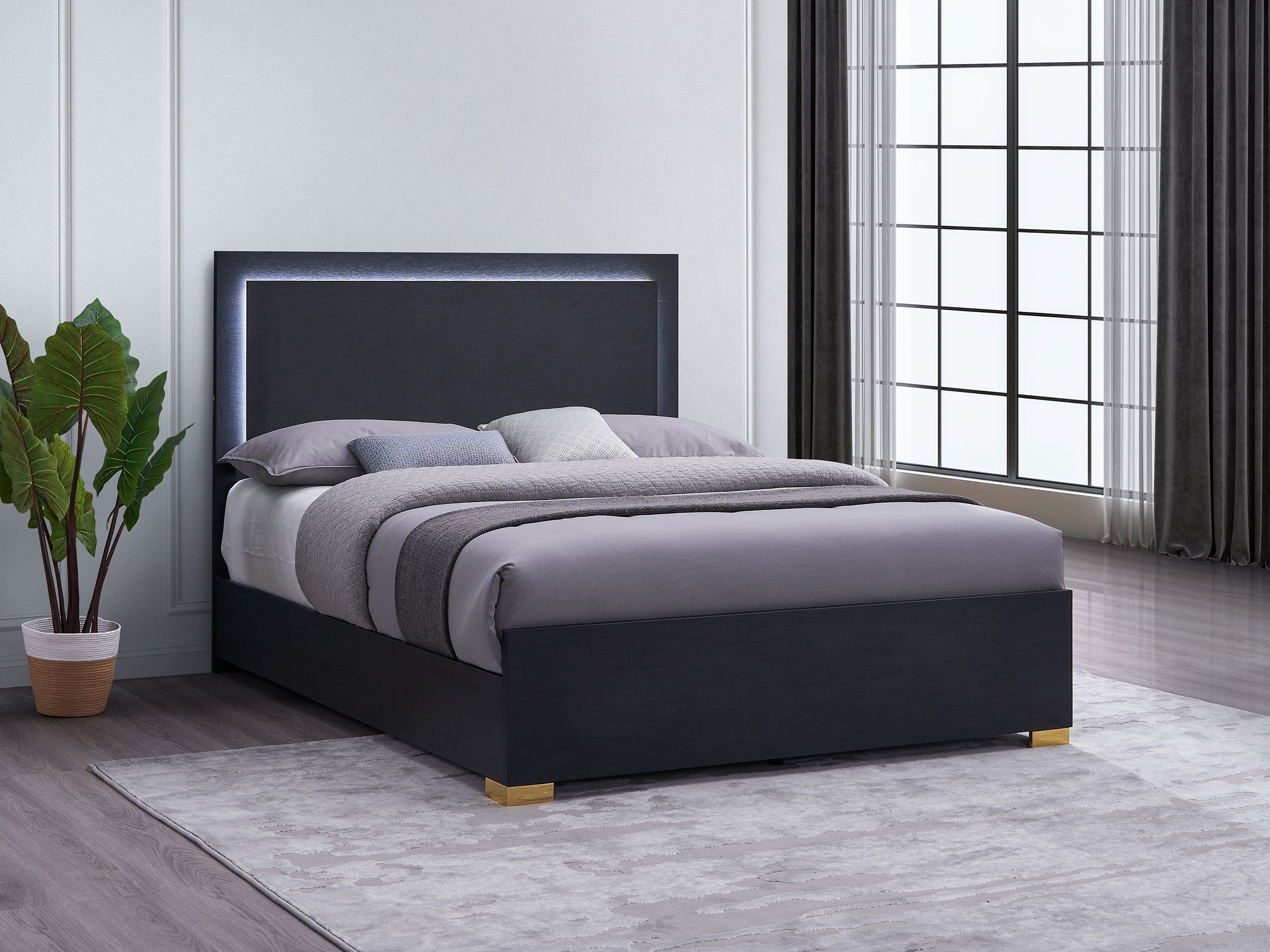 Marceline Wood Queen LED Panel Bed Black-