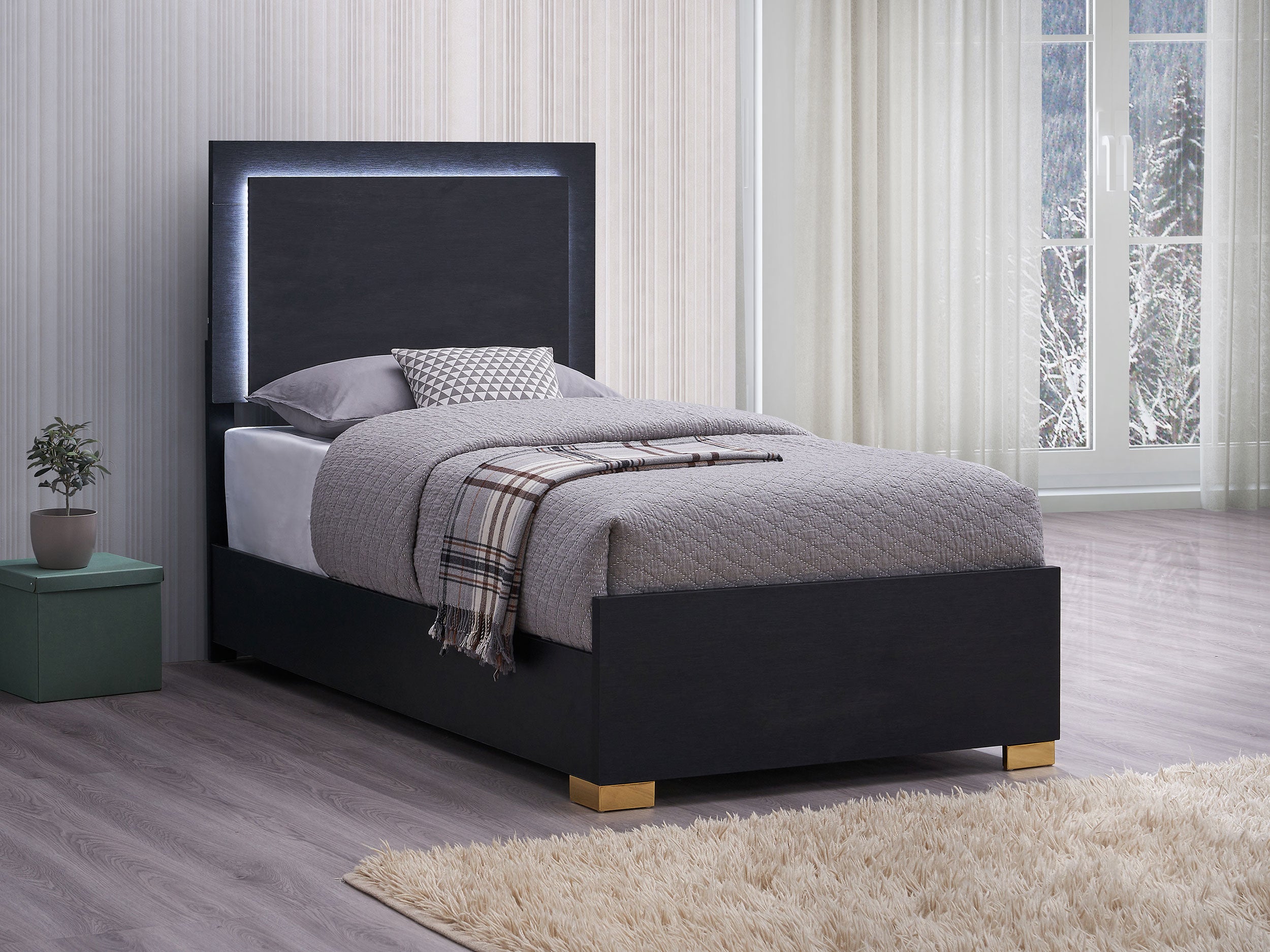 Marceline Wood Twin LED Panel Bed Black-
