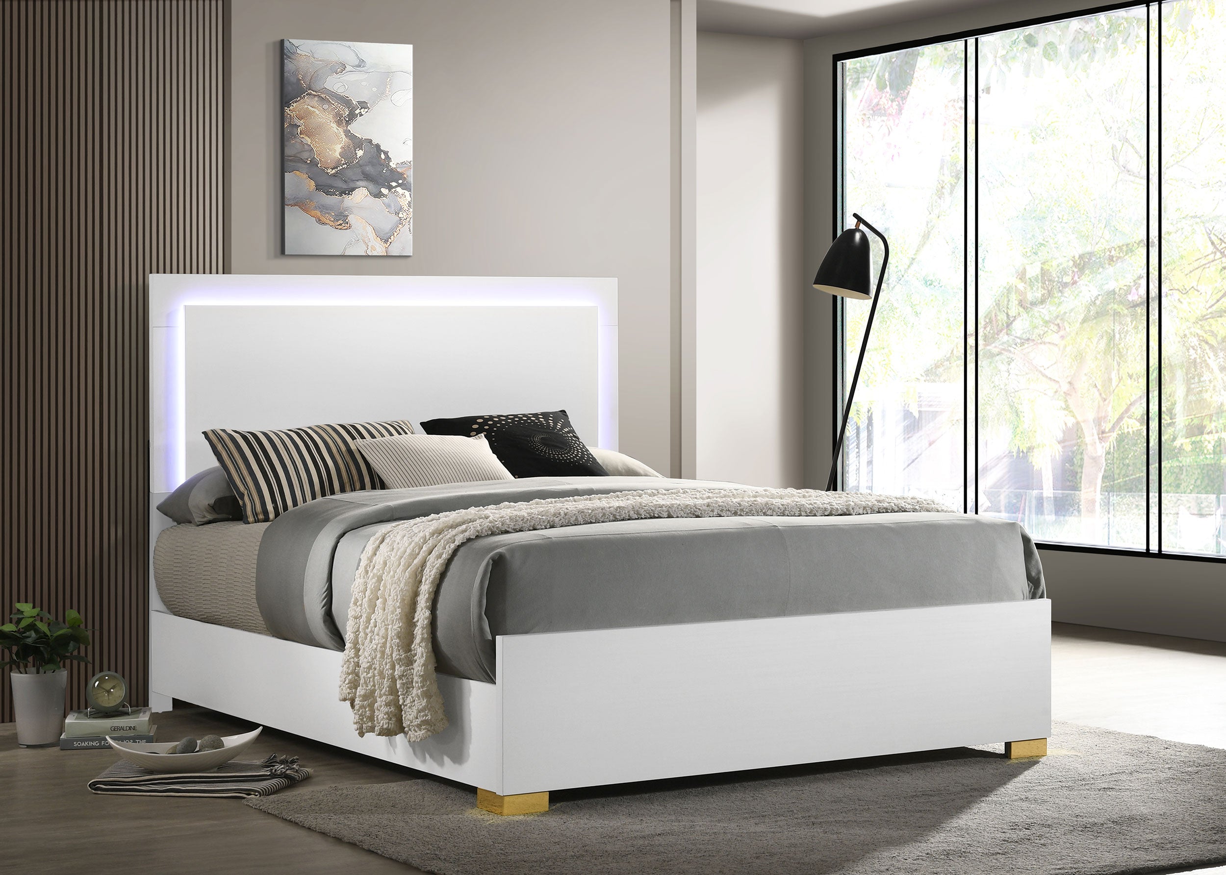 Marceline Wood Queen LED Panel Bed White-