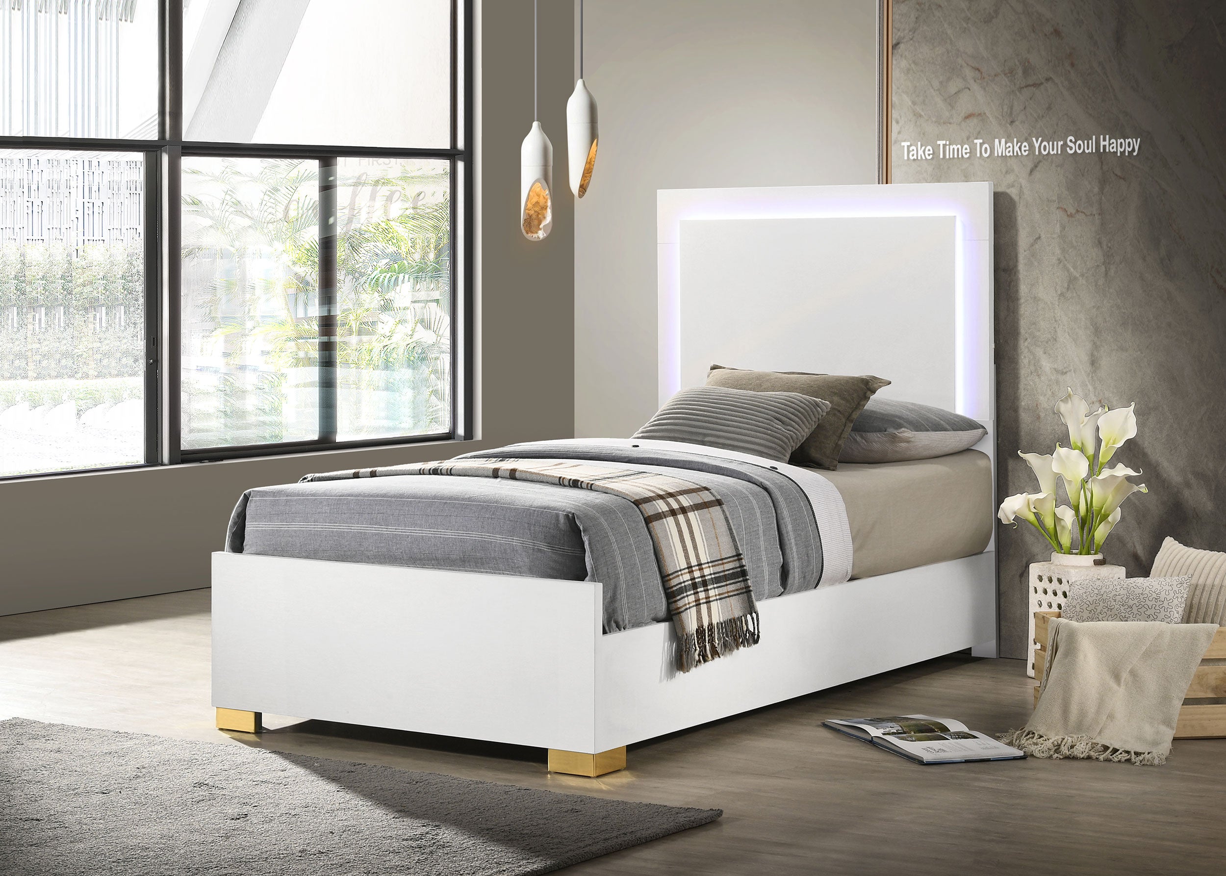 Marceline Wood Twin LED Panel Bed White-