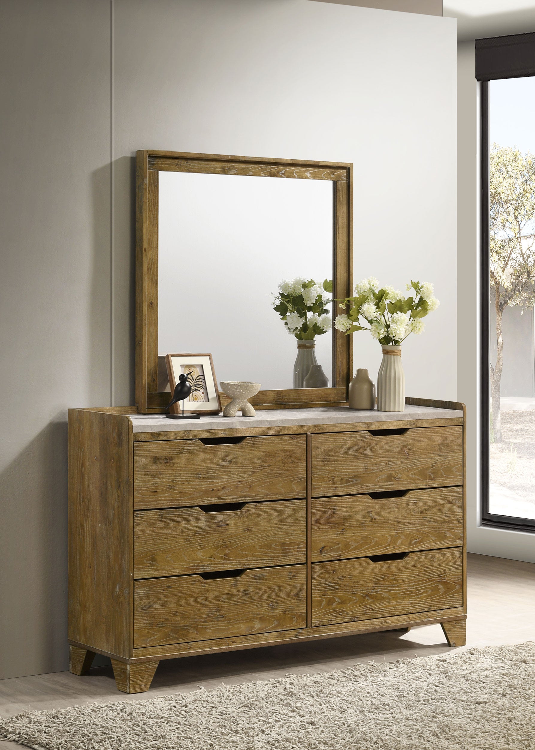Henderson 6-drawer Bedroom Dresser with Mirror Medium Oak-