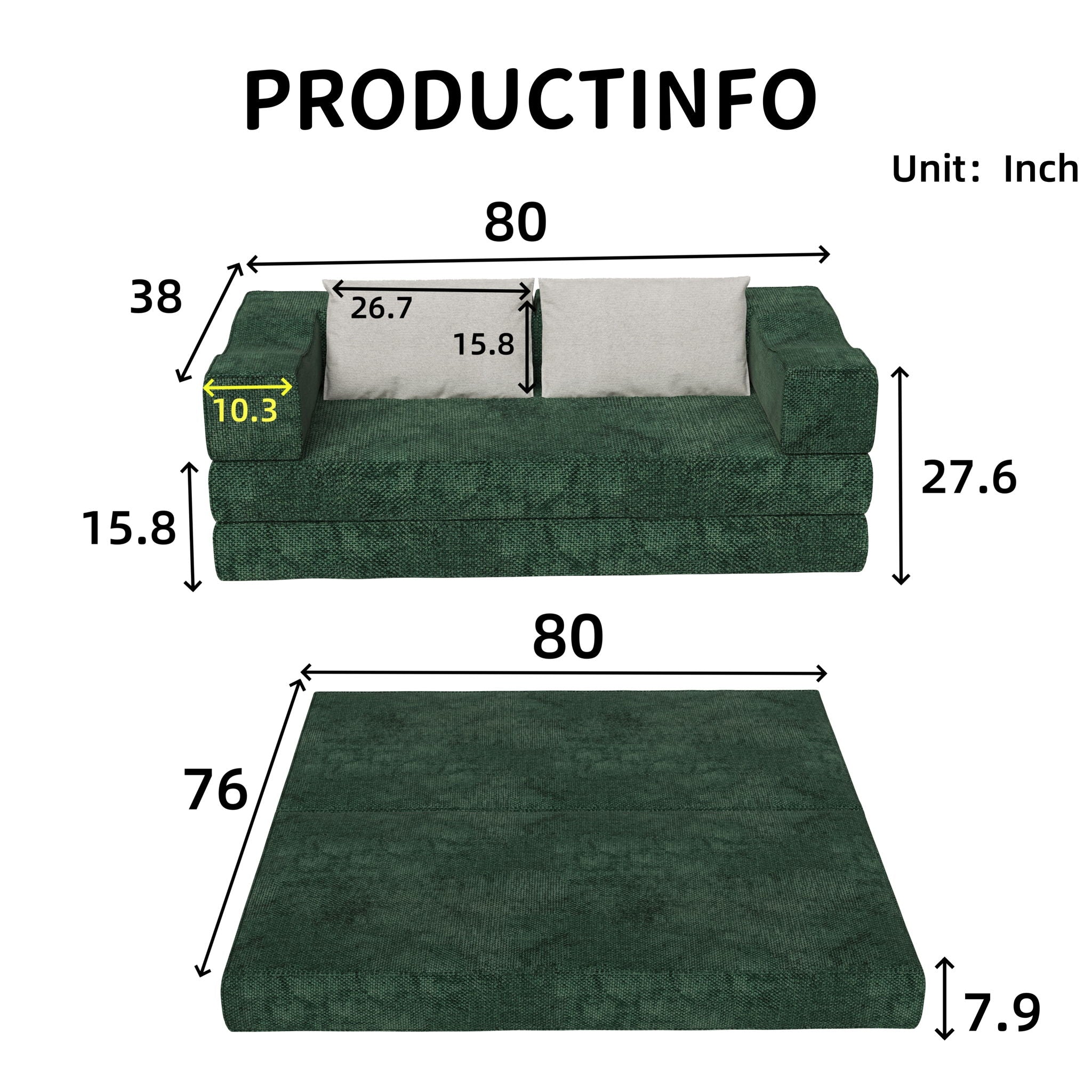 Convertible Couch Bed With 2 Pillows, 3 Seat Folding Floor Couch & King Size Bed Mattress, Diy Combination - Green