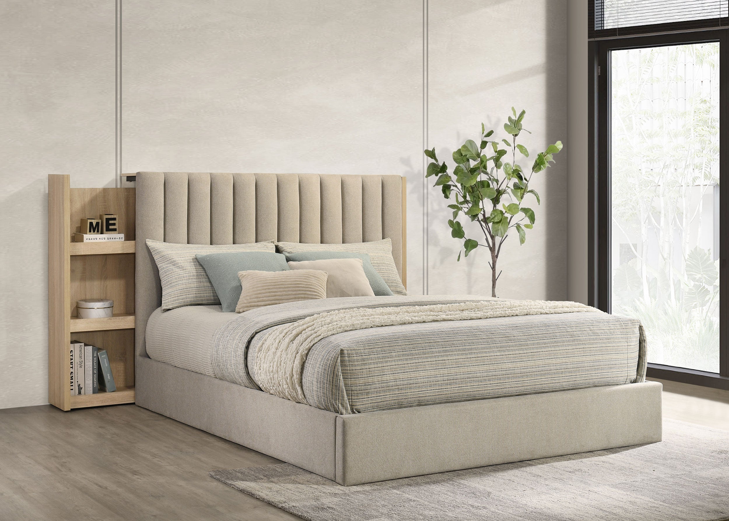 Arielle Queen Bookcase Panel Storage Bed Light Oak-