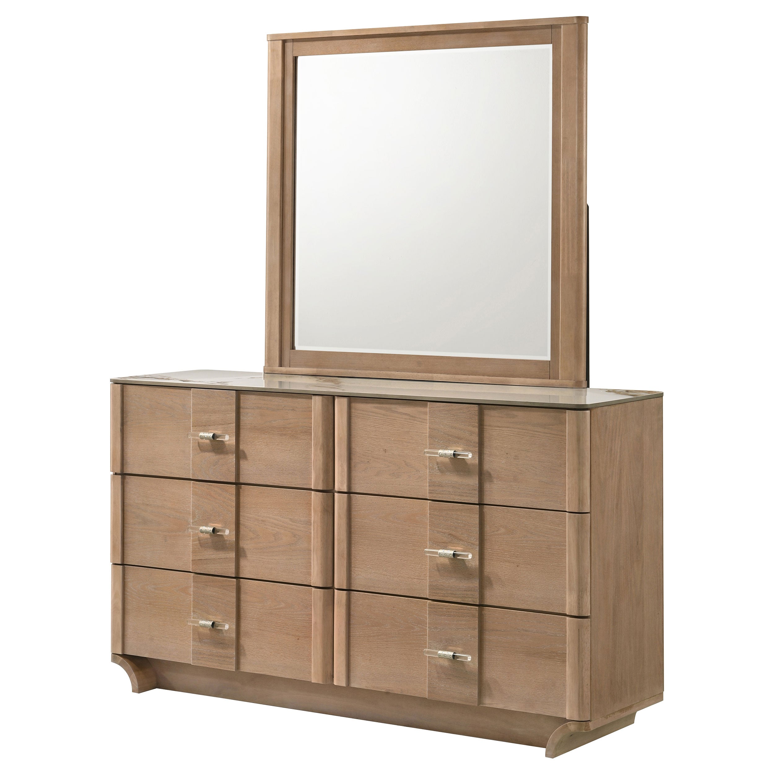Leanne 6-drawer Sinter Stone Top Dresser and Mirror Light Oak-