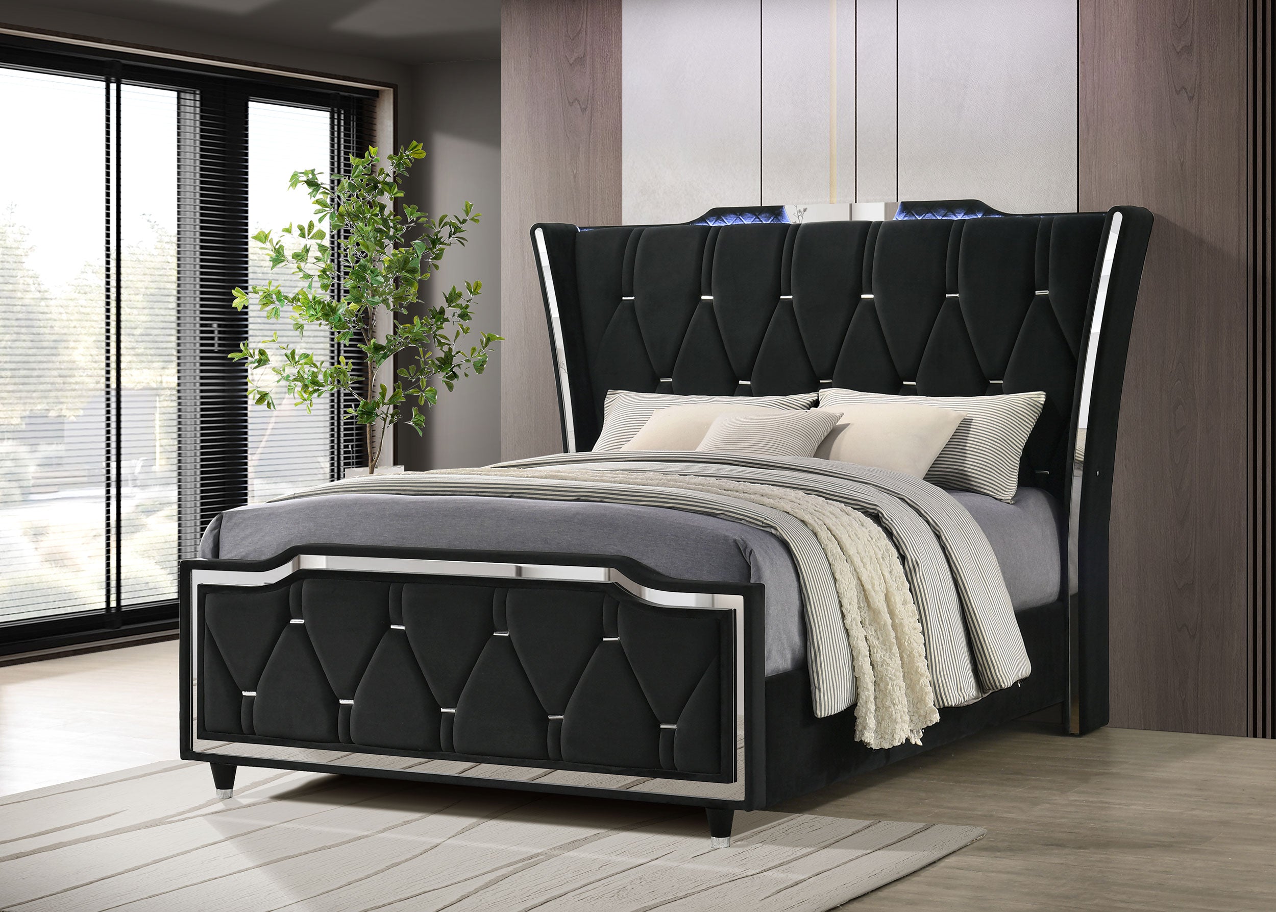 Lorient Queen LED Upholstered Wingback Bed Black-