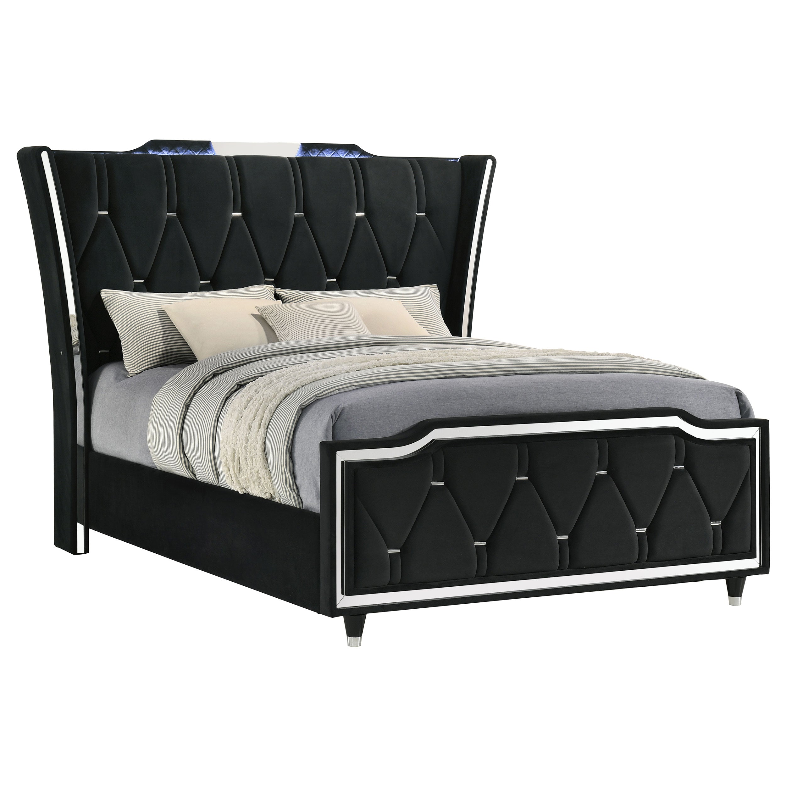 Lorient Queen LED Upholstered Wingback Bed Black-