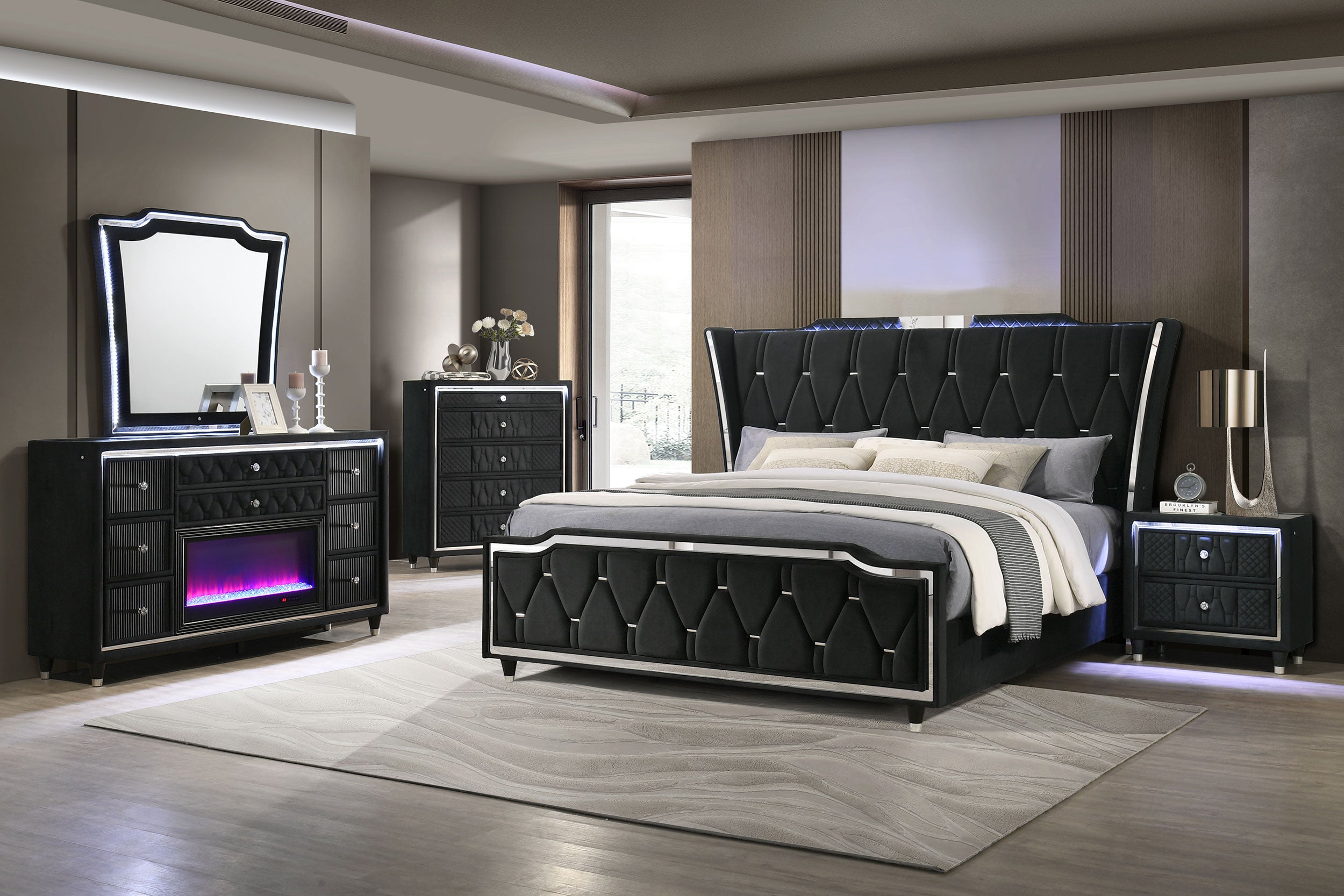 Lorient Queen LED Upholstered Wingback Bed Black-