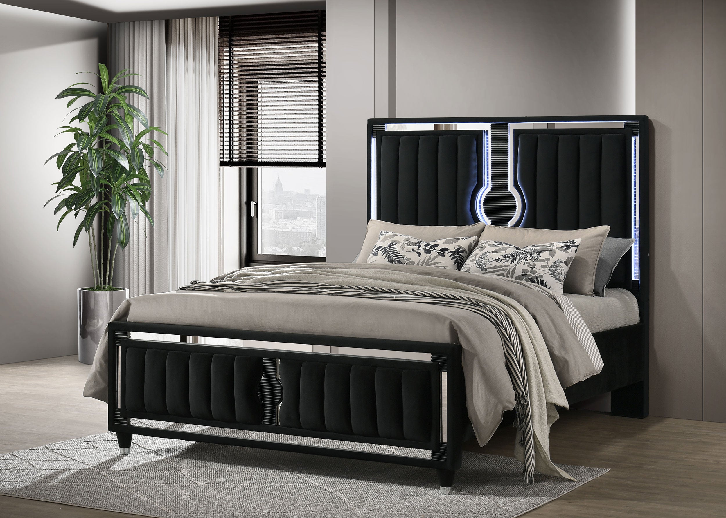 Ravenne Velvet Upholstered Queen LED Panel Bed Black-