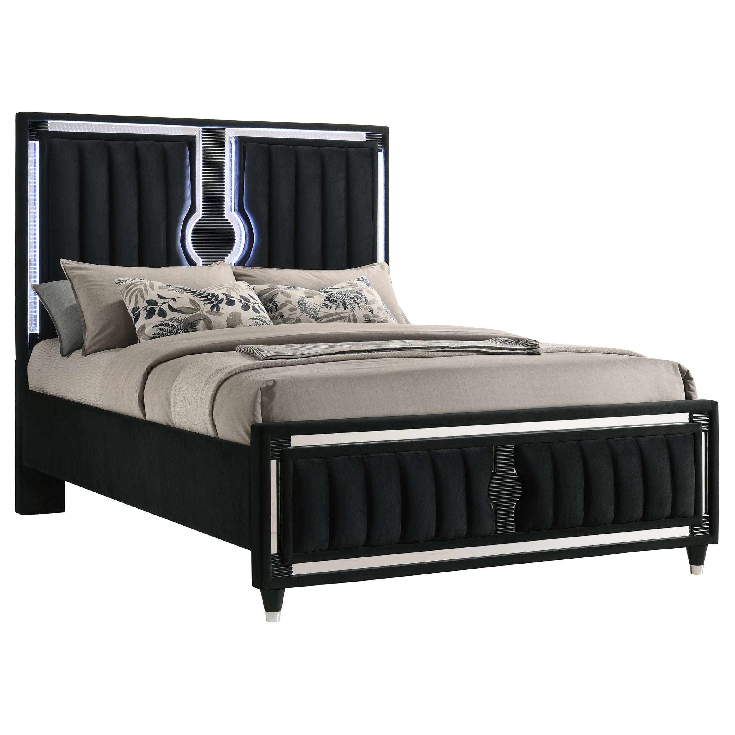 Ravenne Velvet Upholstered Queen LED Panel Bed Black-