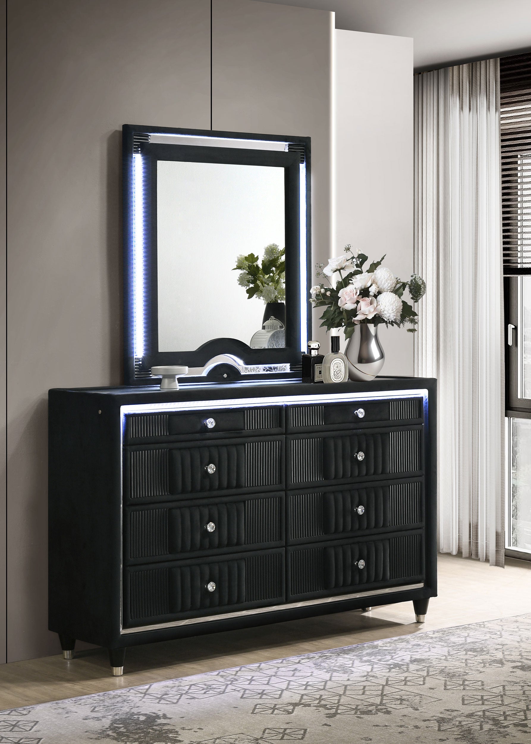 Ravenne 8-drawer Velvet Upholstered LED Dresser and Mirror Black-