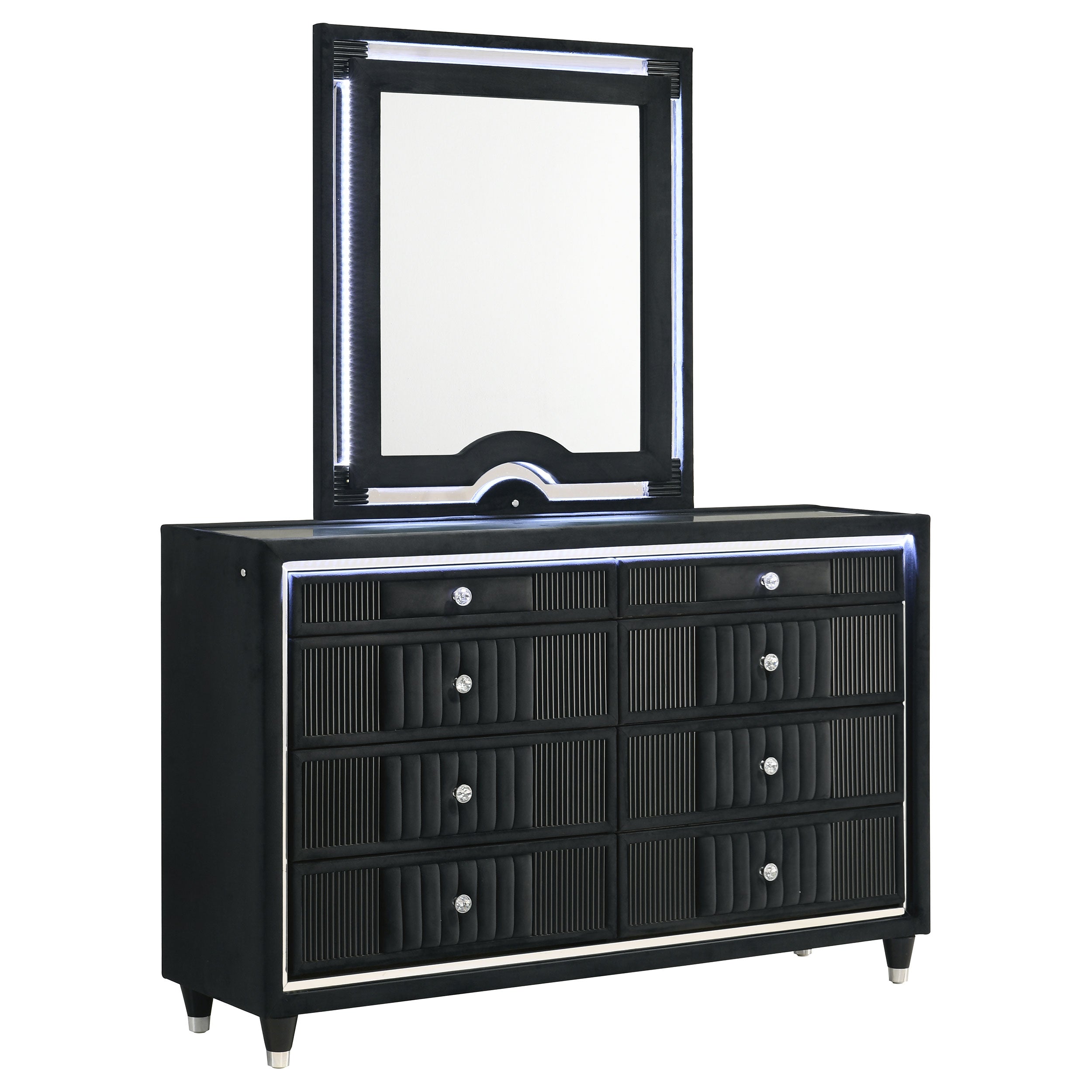 Ravenne 8-drawer Velvet Upholstered LED Dresser and Mirror Black-